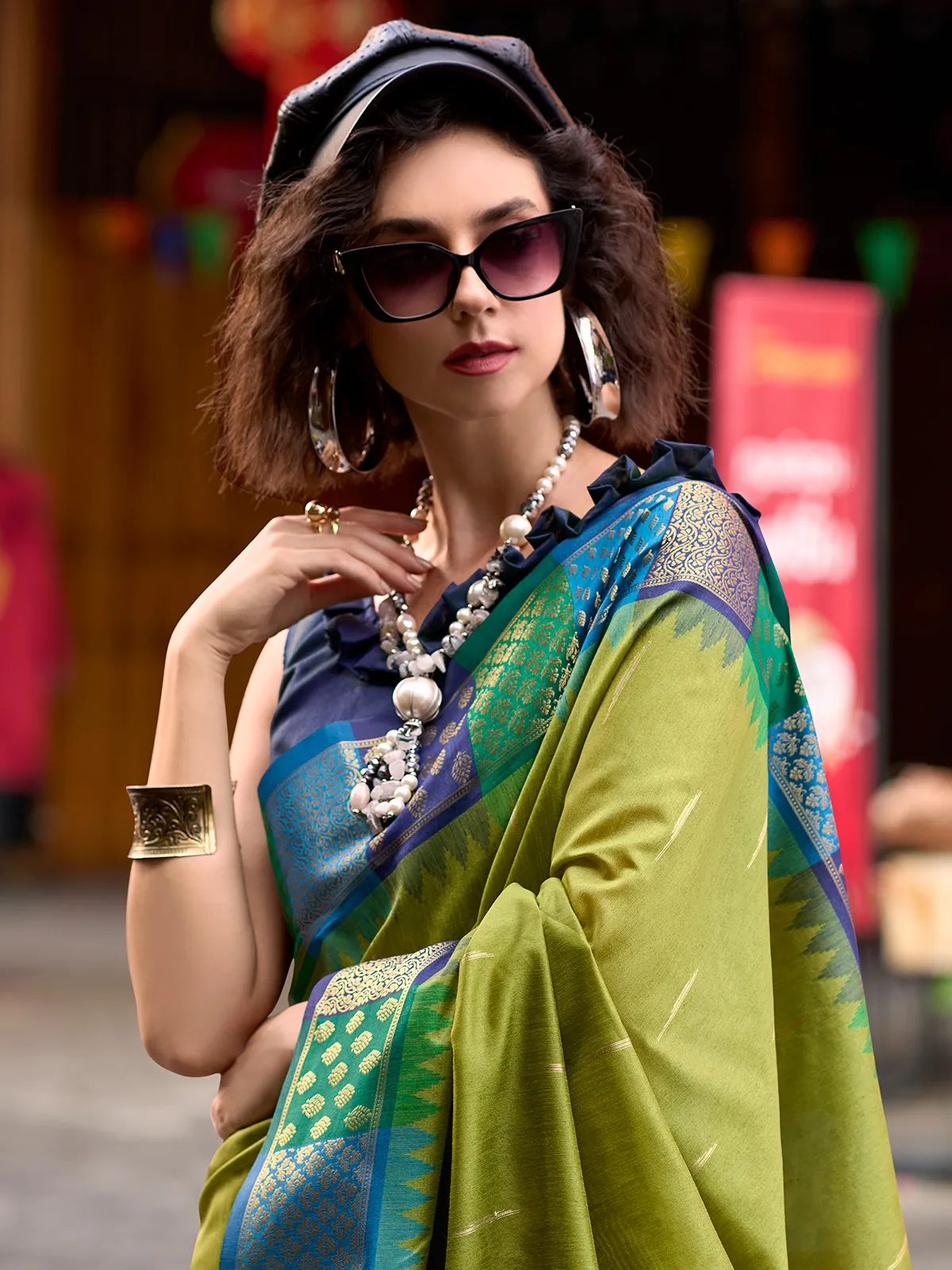 Beautiful olive banarasi silk saree