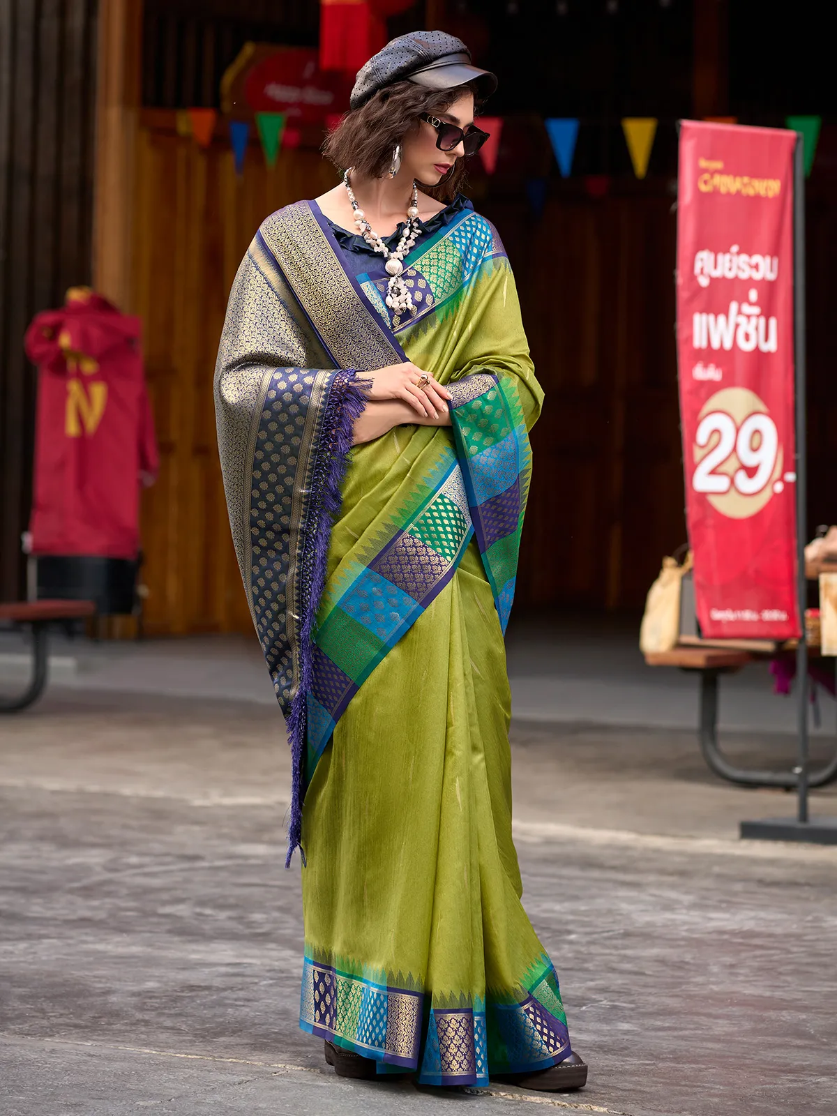 Beautiful olive banarasi silk saree