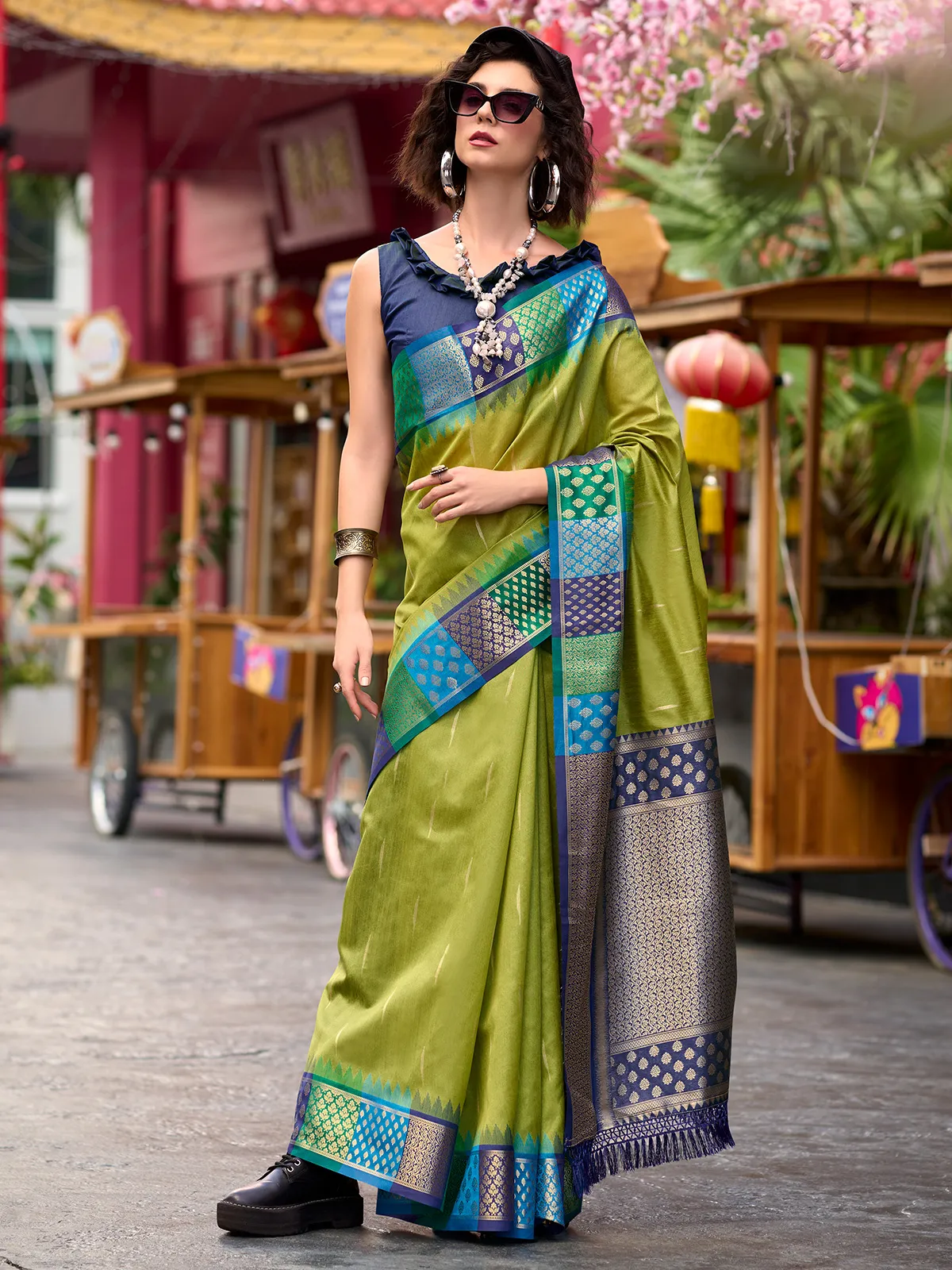 Beautiful olive banarasi silk saree