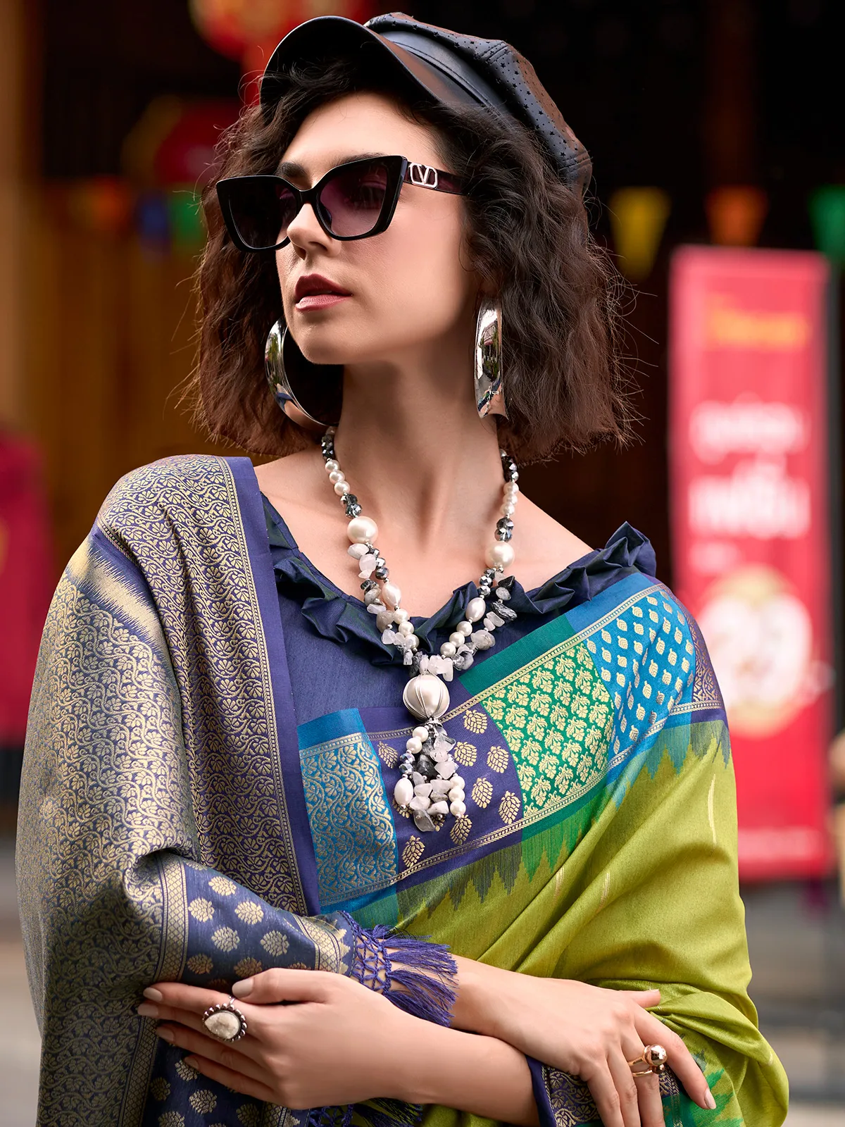 Beautiful olive banarasi silk saree