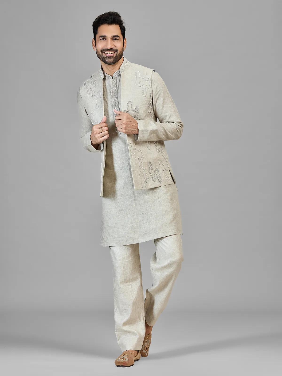Beige beads worked pure linen wastcoat set