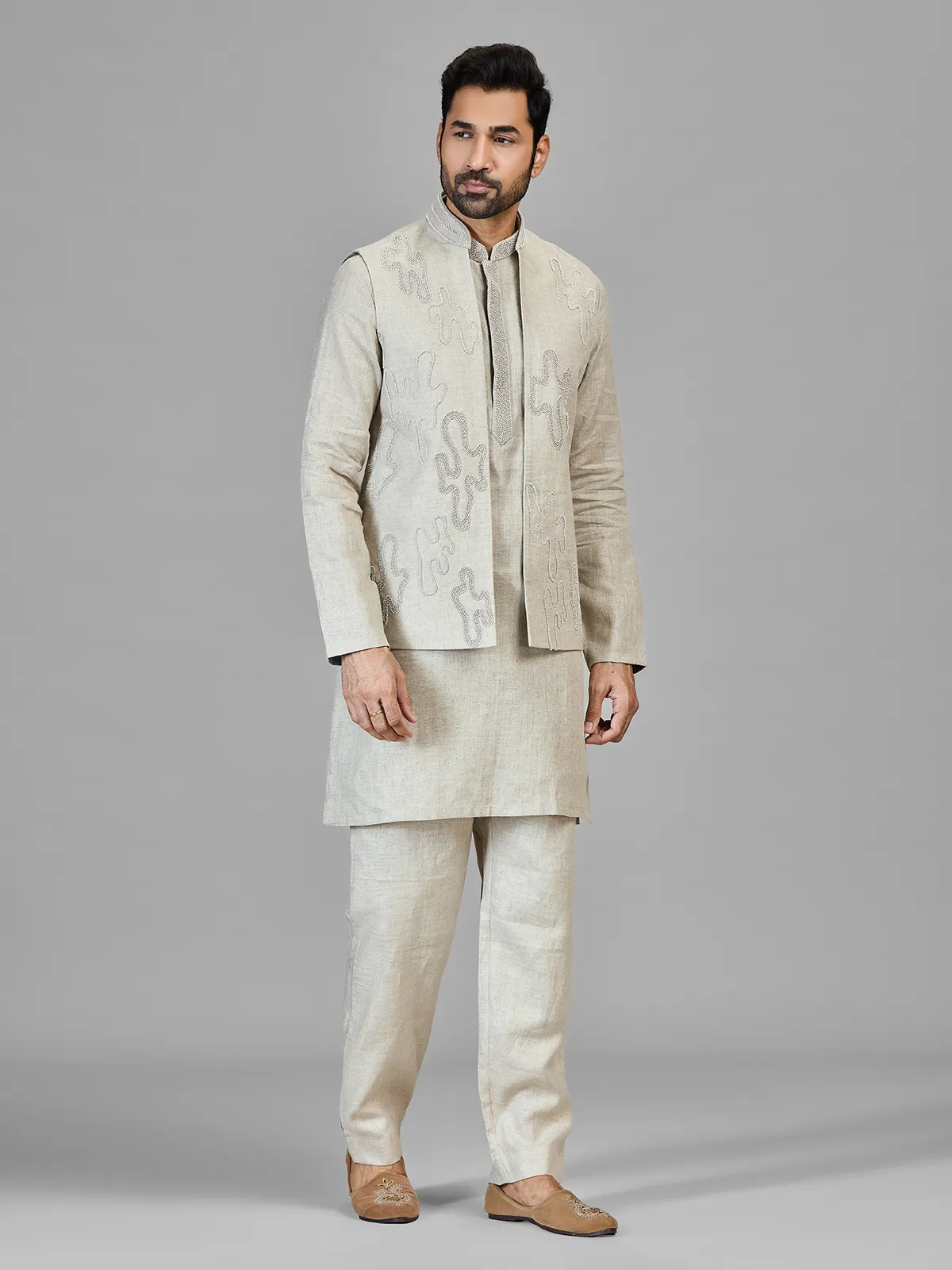 Beige beads worked pure linen wastcoat set