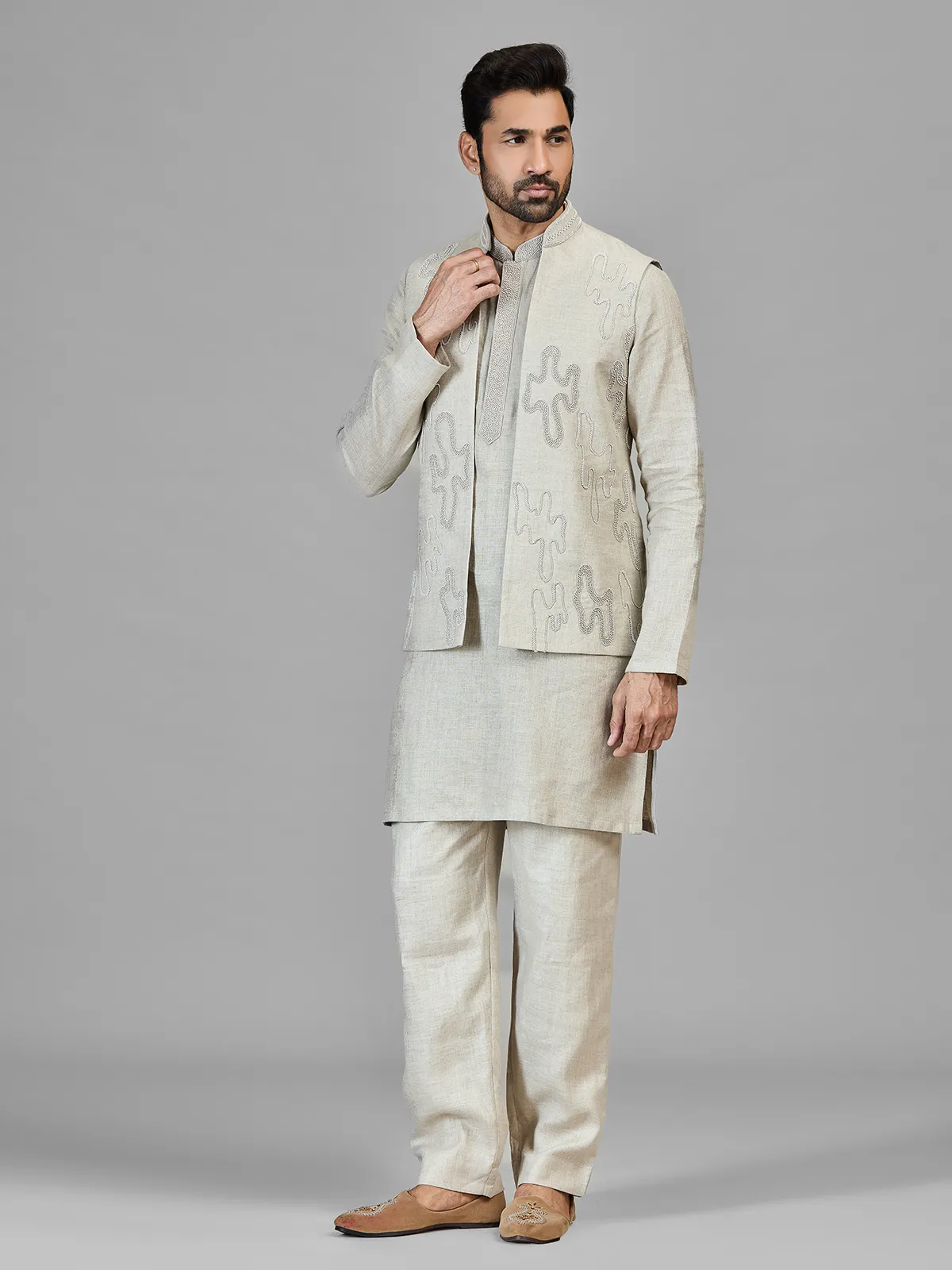 Beige beads worked pure linen wastcoat set