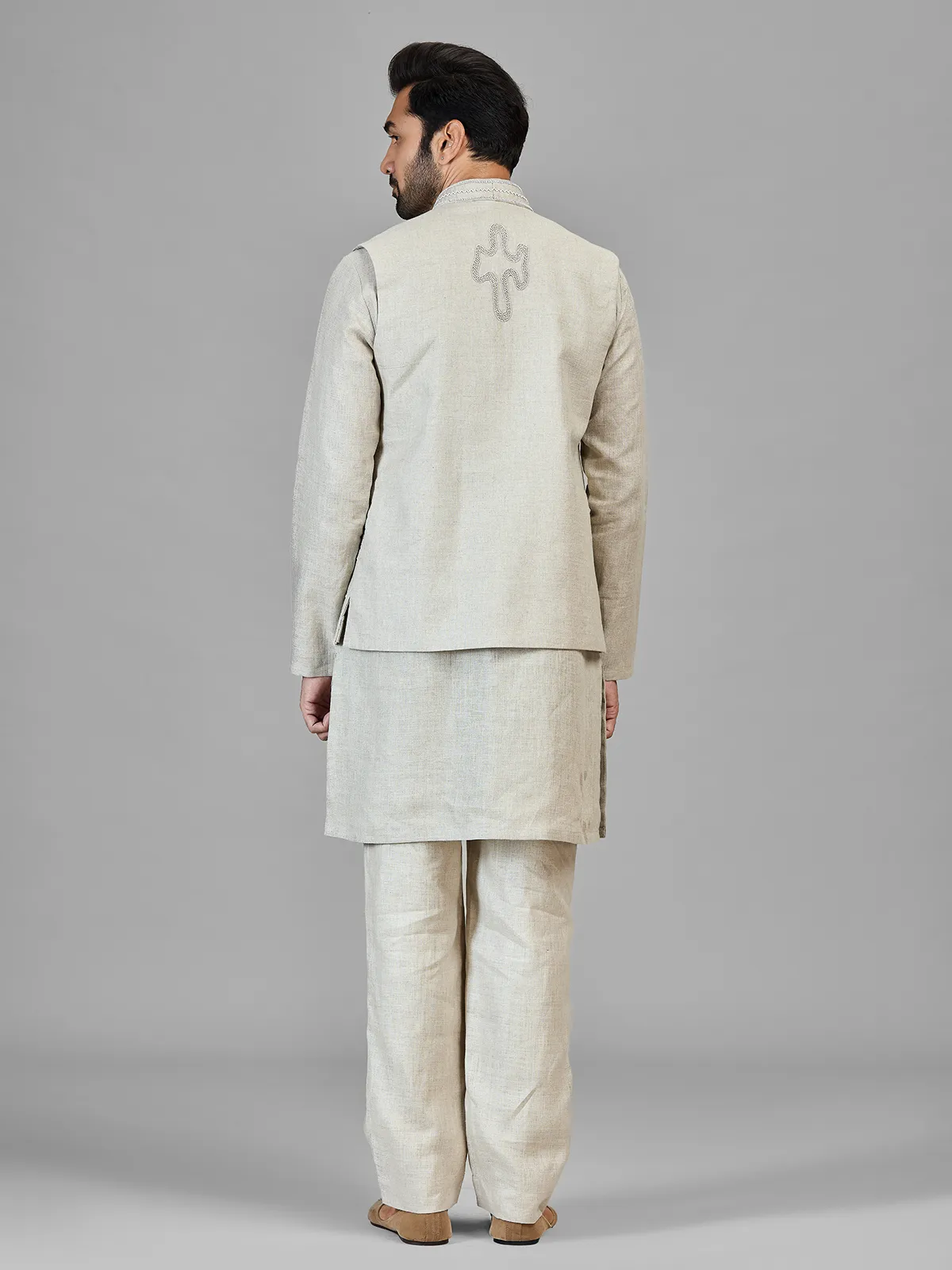 Beige beads worked pure linen wastcoat set