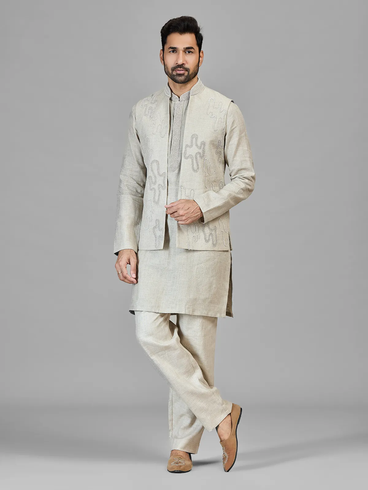 Beige beads worked pure linen wastcoat set