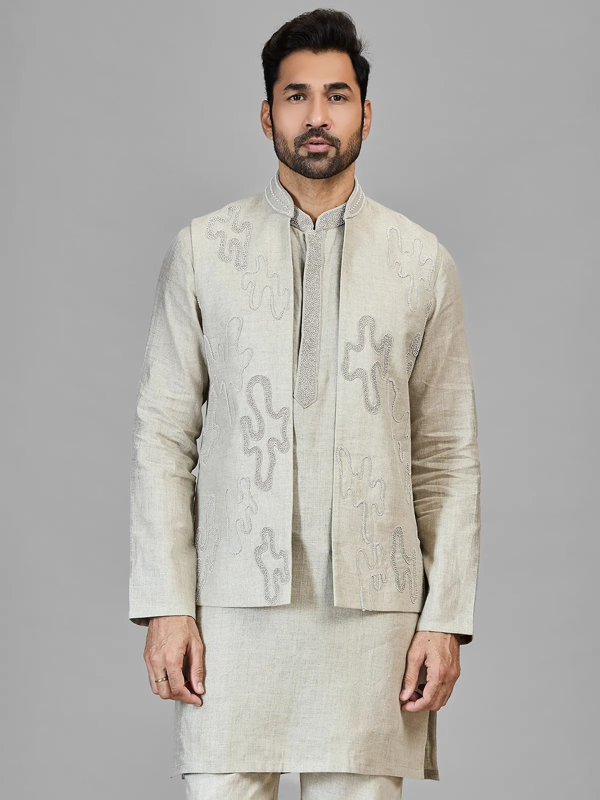 Beige beads worked pure linen wastcoat set