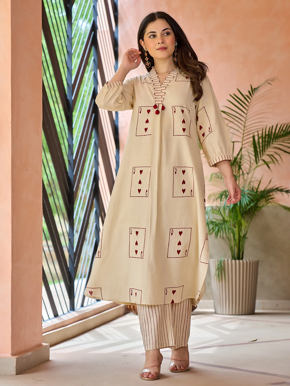 Beige cotton printed kurti set casual wear