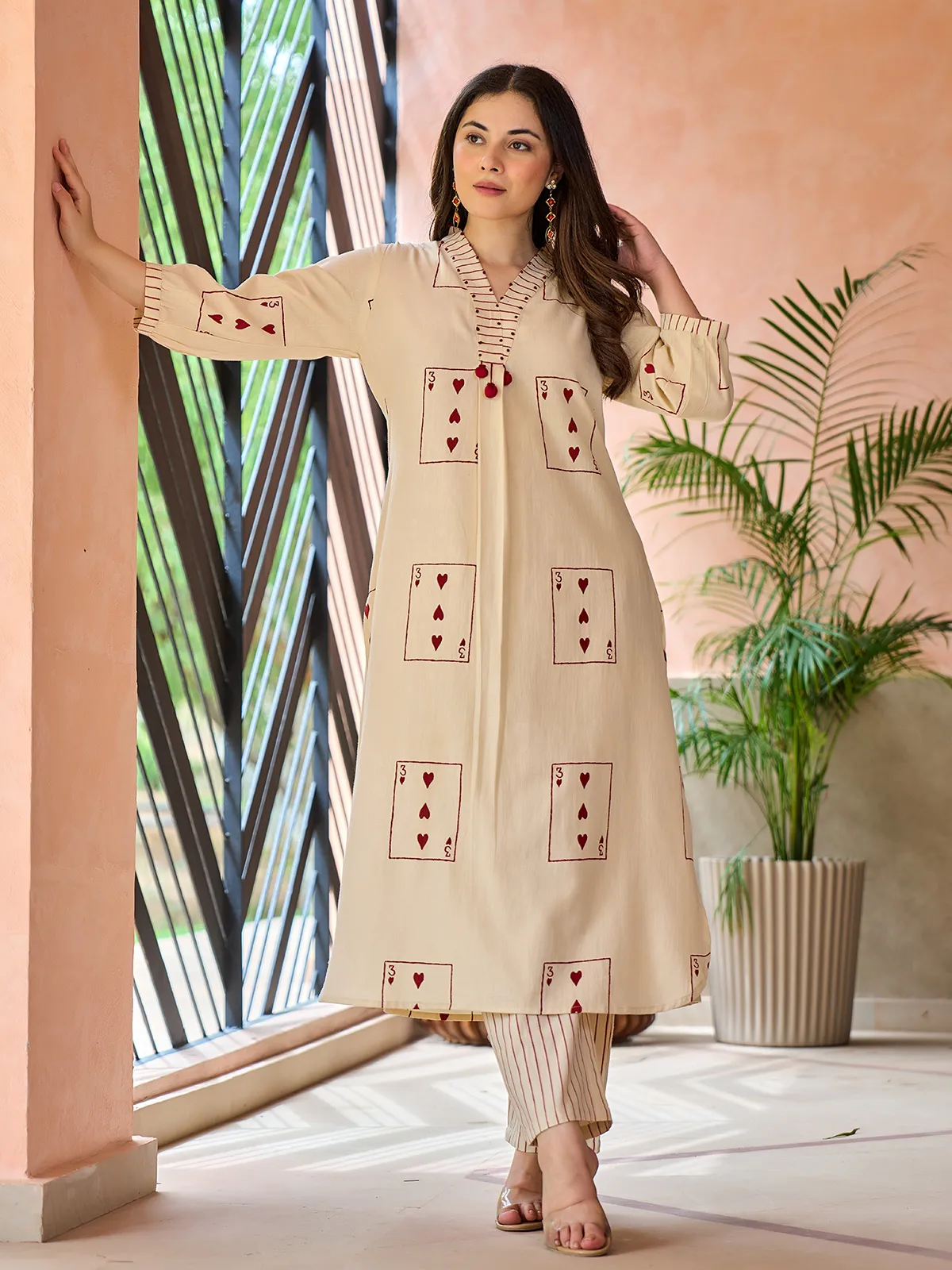 Beige cotton printed kurti set casual wear
