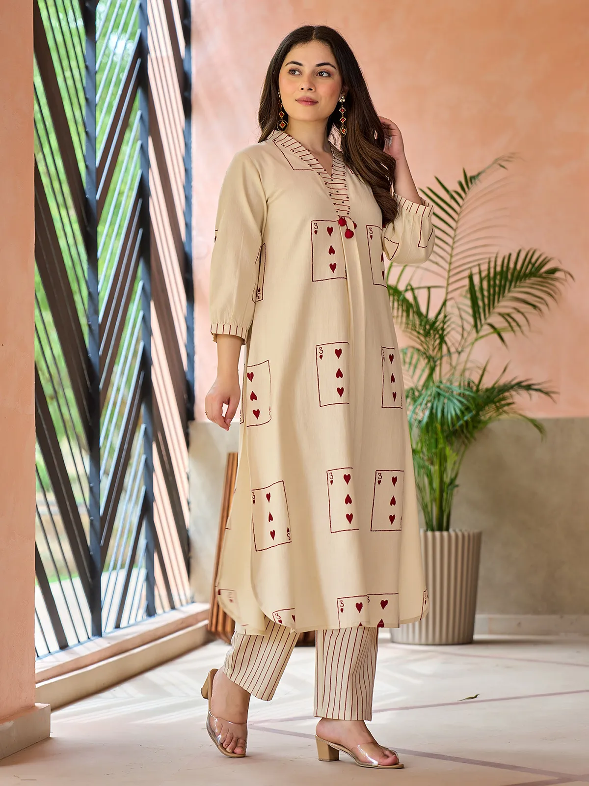 Beige cotton printed kurti set casual wear