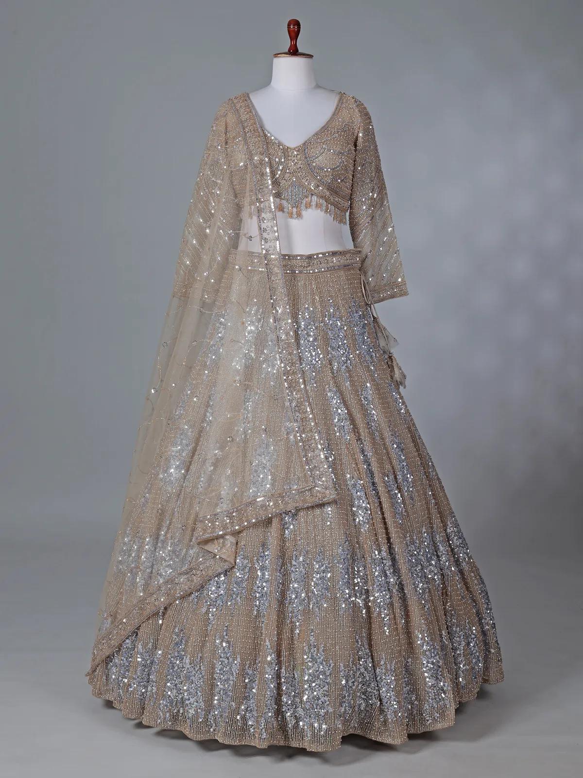 Beige net reception wear lehenga choli with rich sequins work