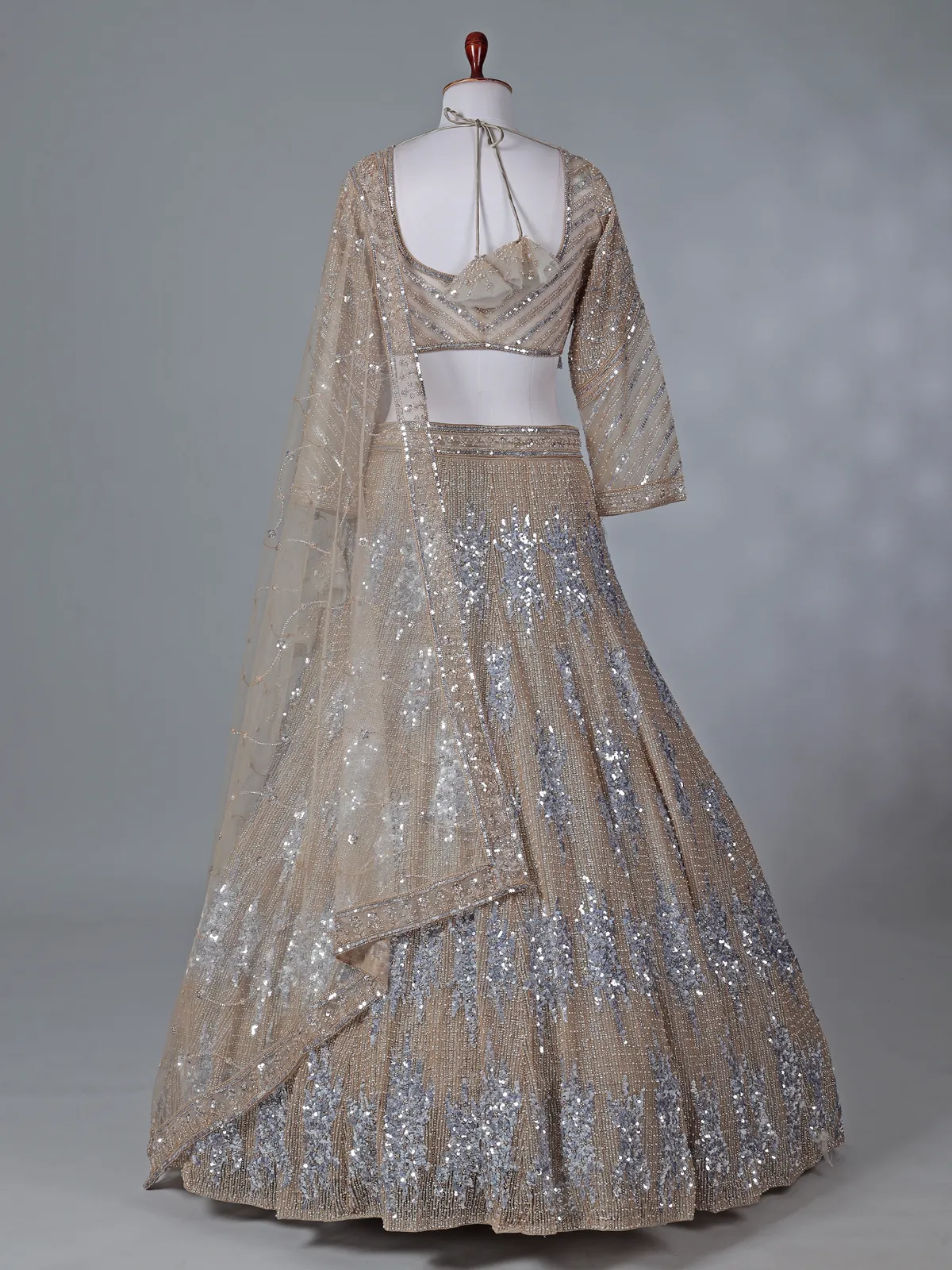 Beige net reception wear lehenga choli with rich sequins work