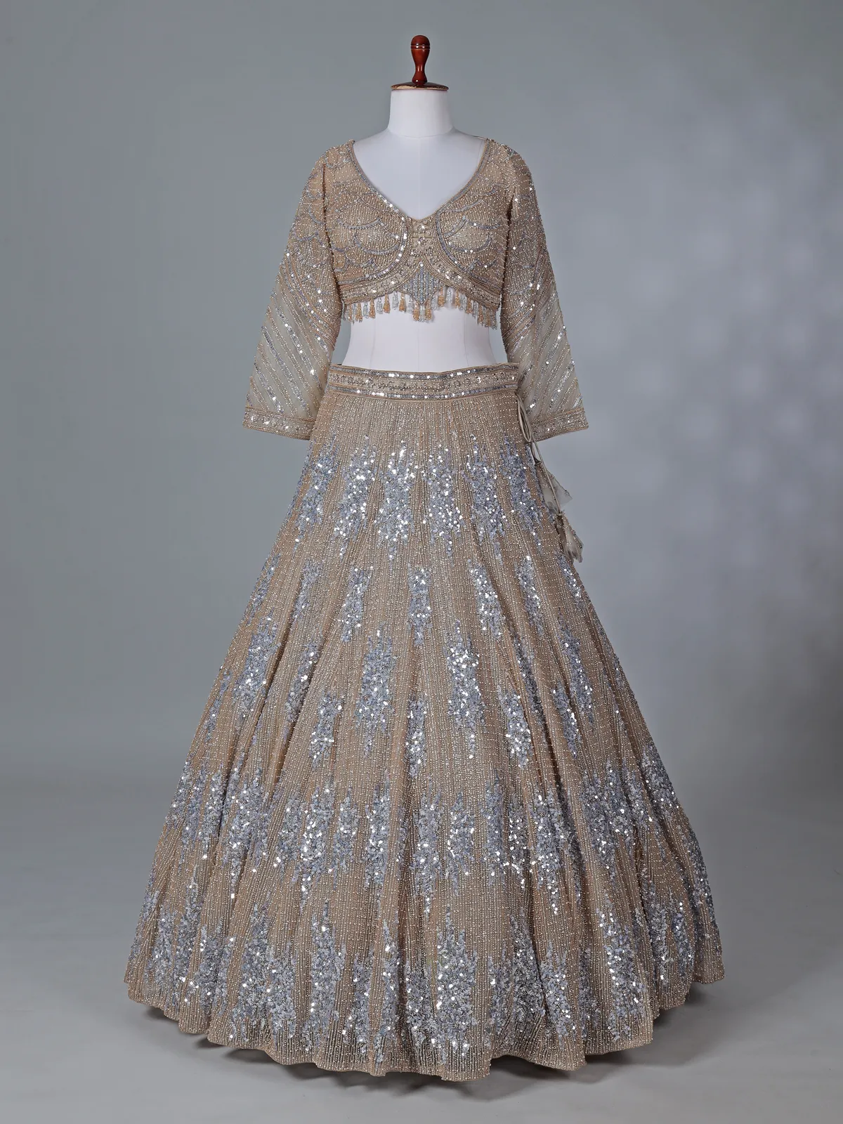 Beige net reception wear lehenga choli with rich sequins work