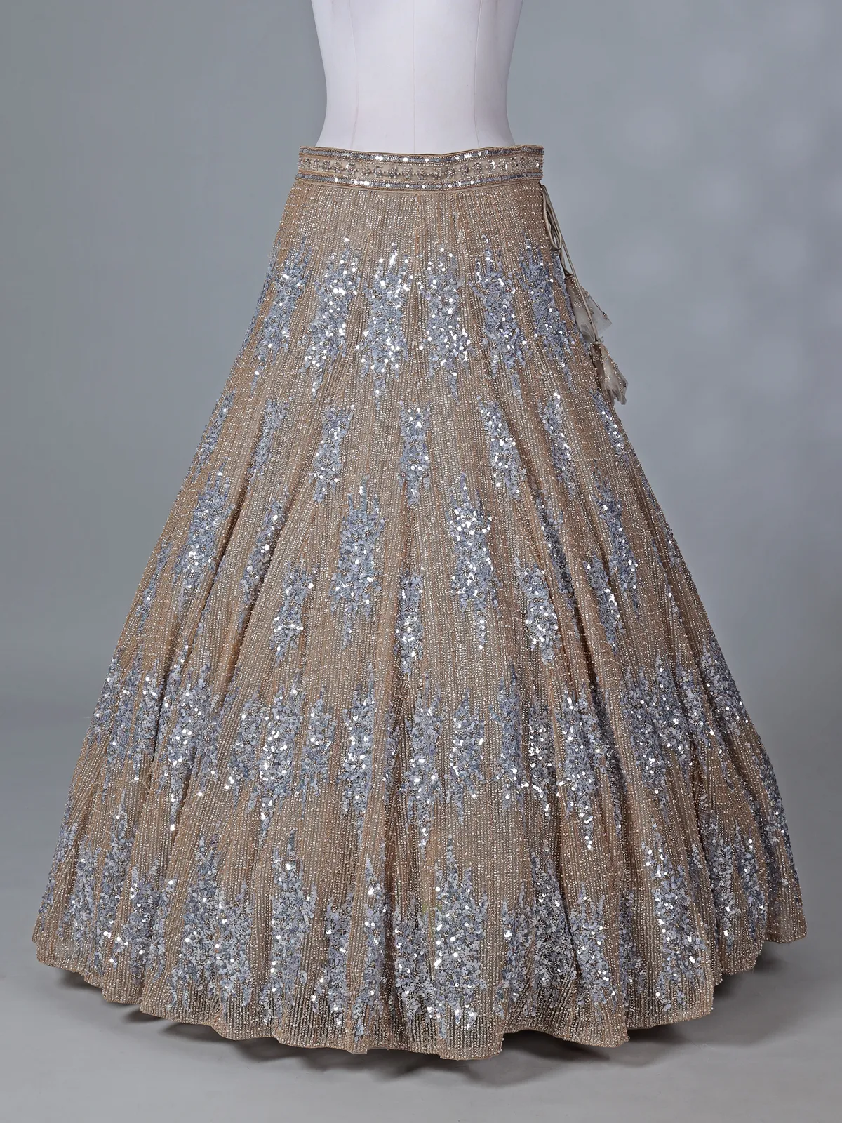 Beige net reception wear lehenga choli with rich sequins work