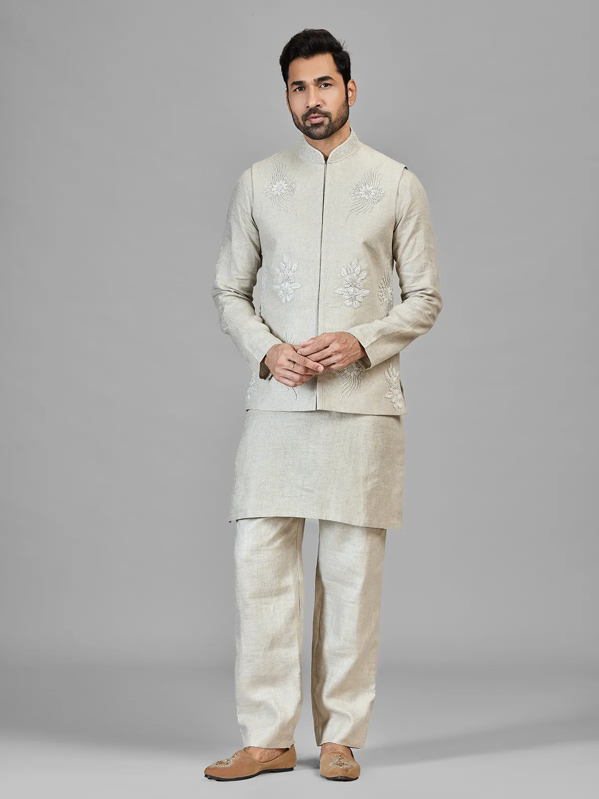 Beige pure linen festive wear waistcoat set