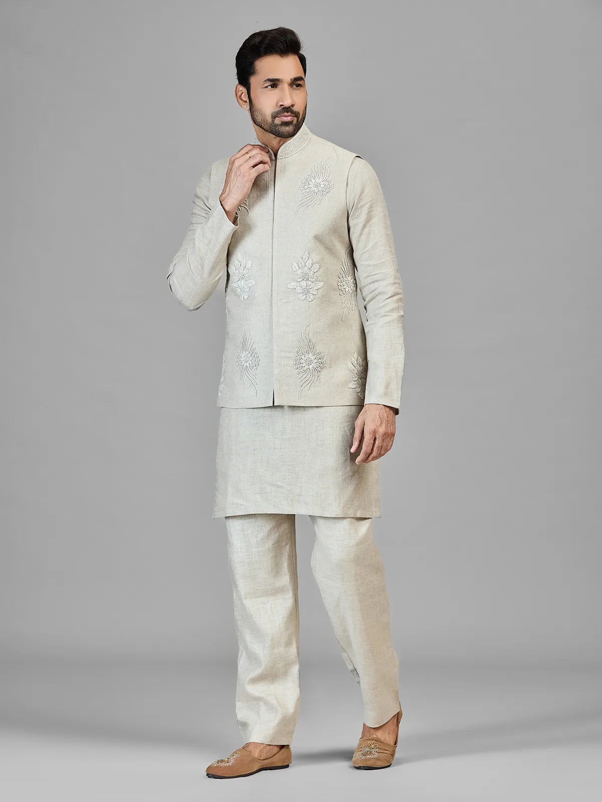 Beige pure linen festive wear waistcoat set