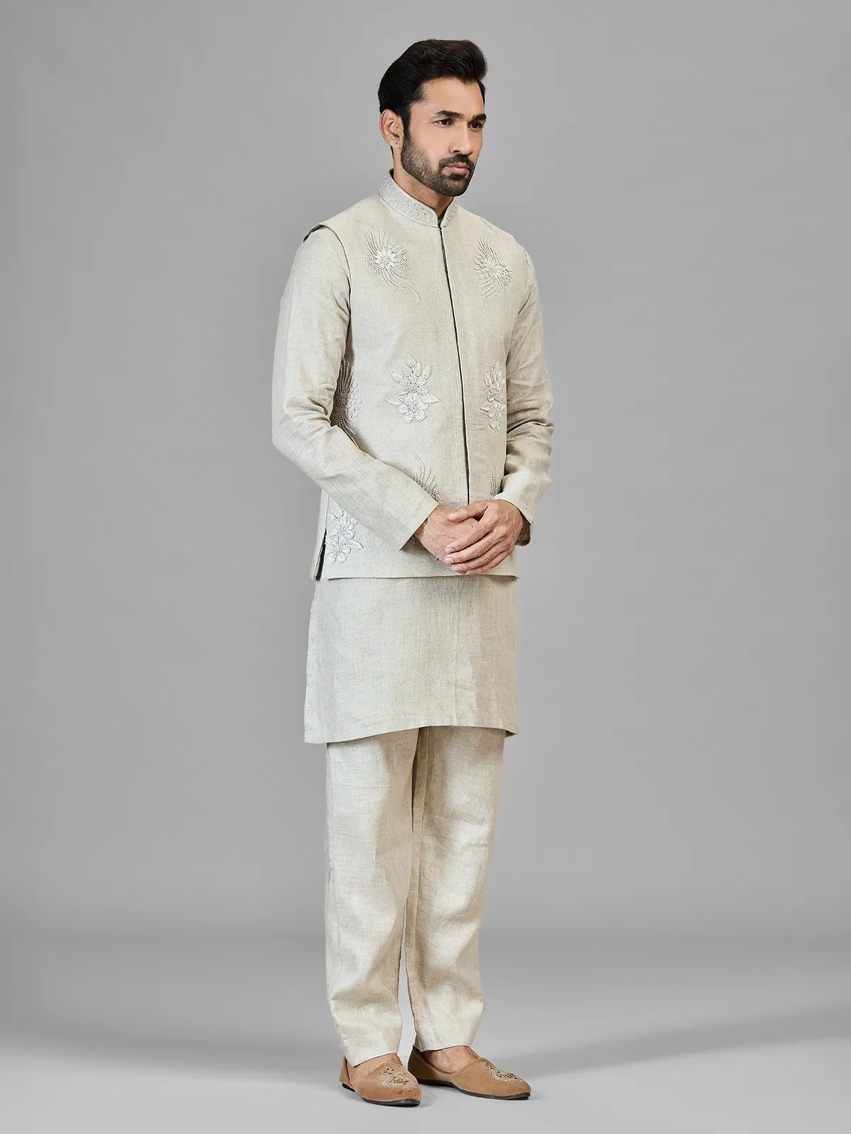 Beige pure linen festive wear waistcoat set