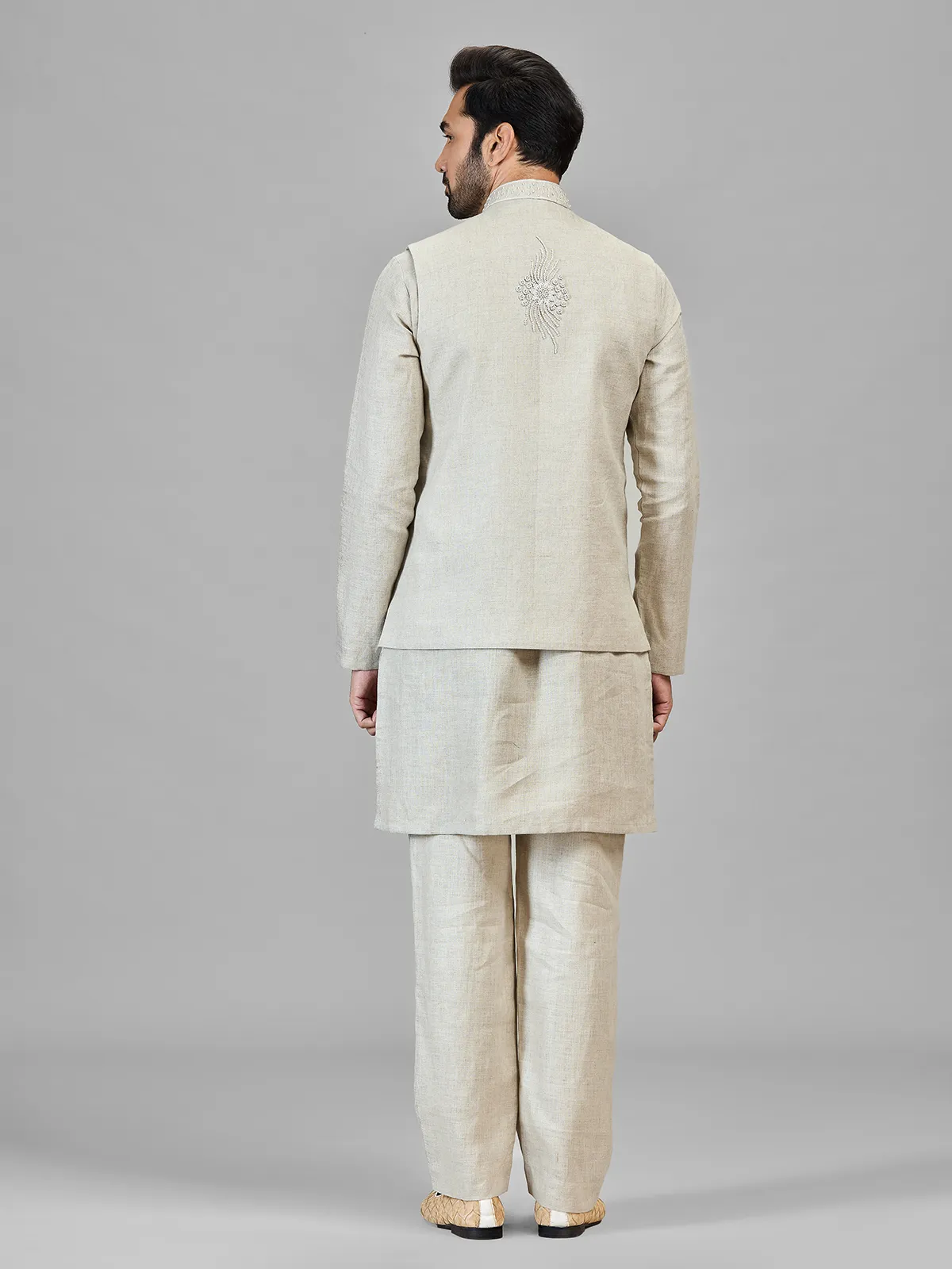 Beige pure linen festive wear waistcoat set