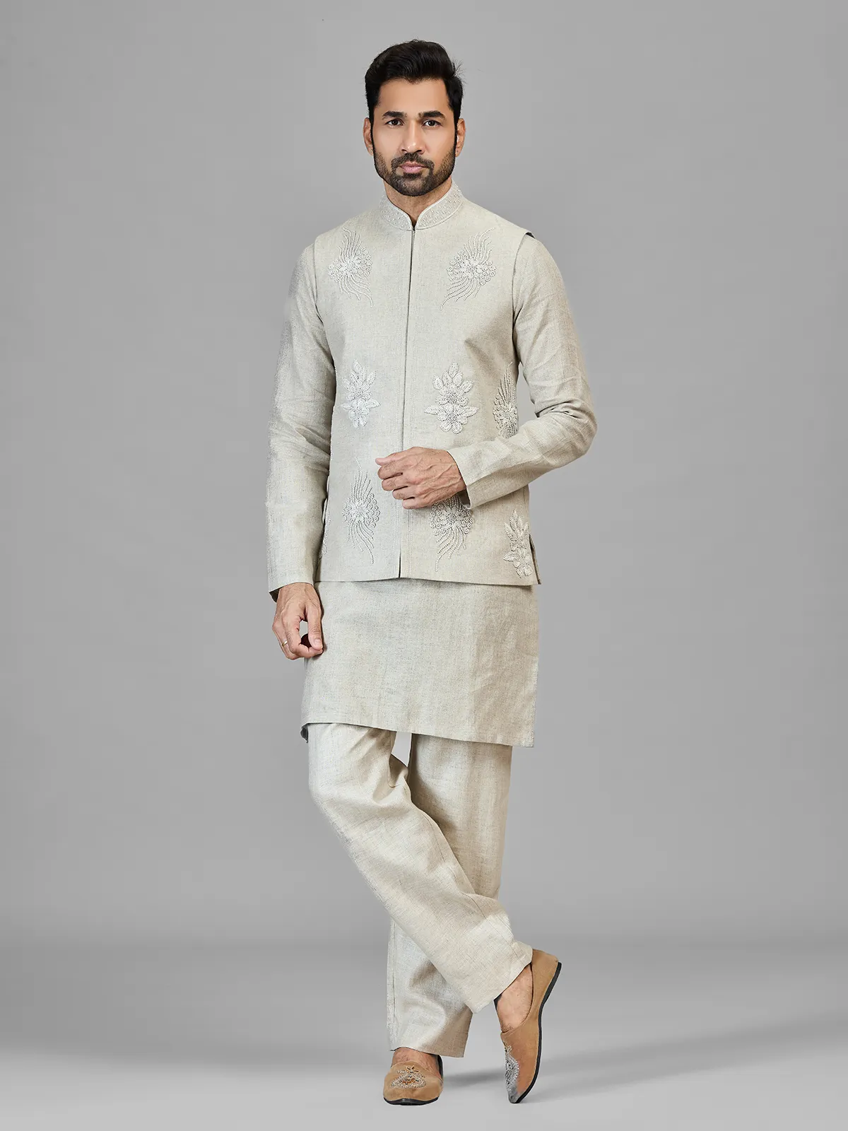 Beige pure linen festive wear waistcoat set