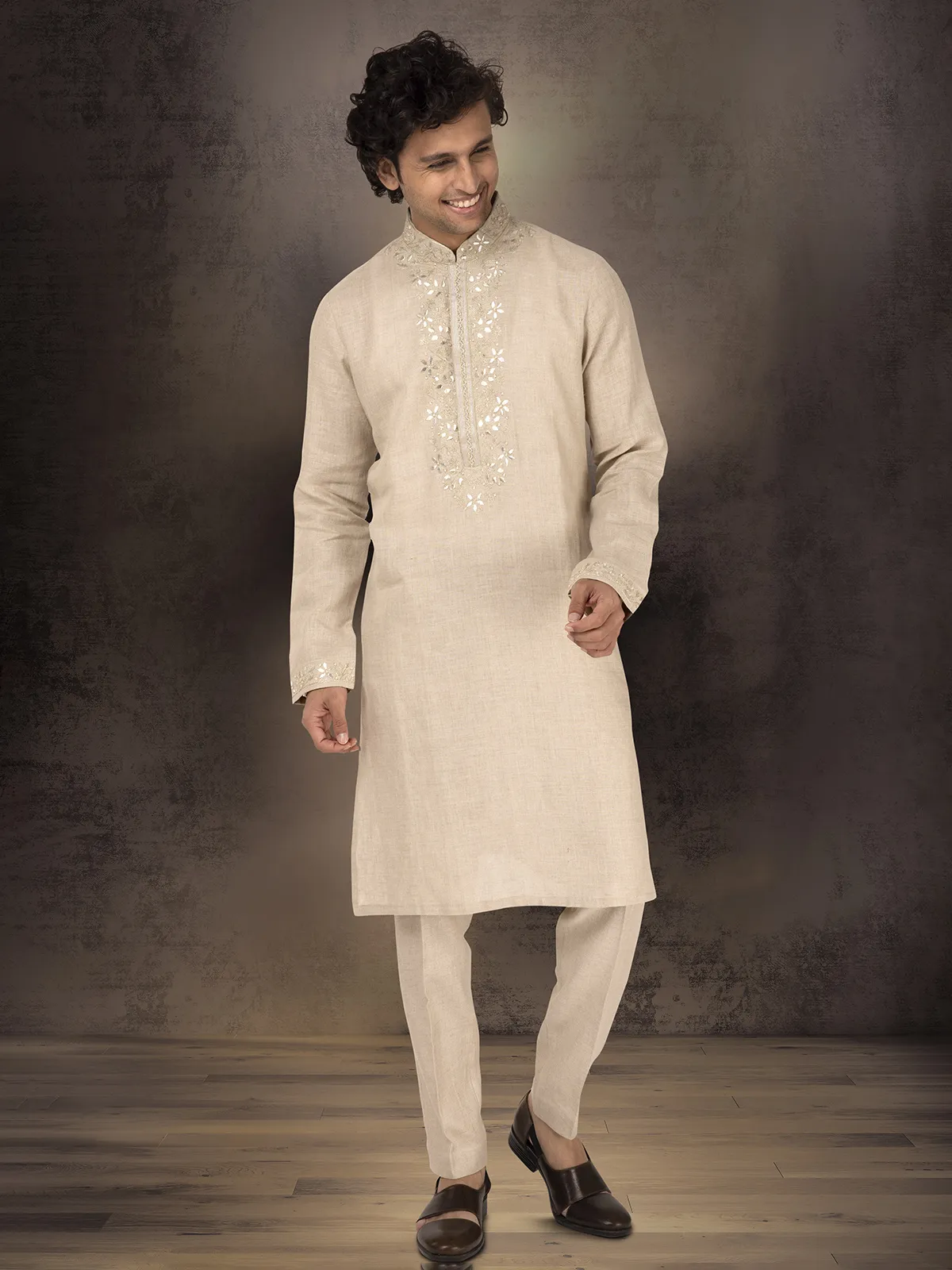 Beige pure linen kurta suit for festive occasions