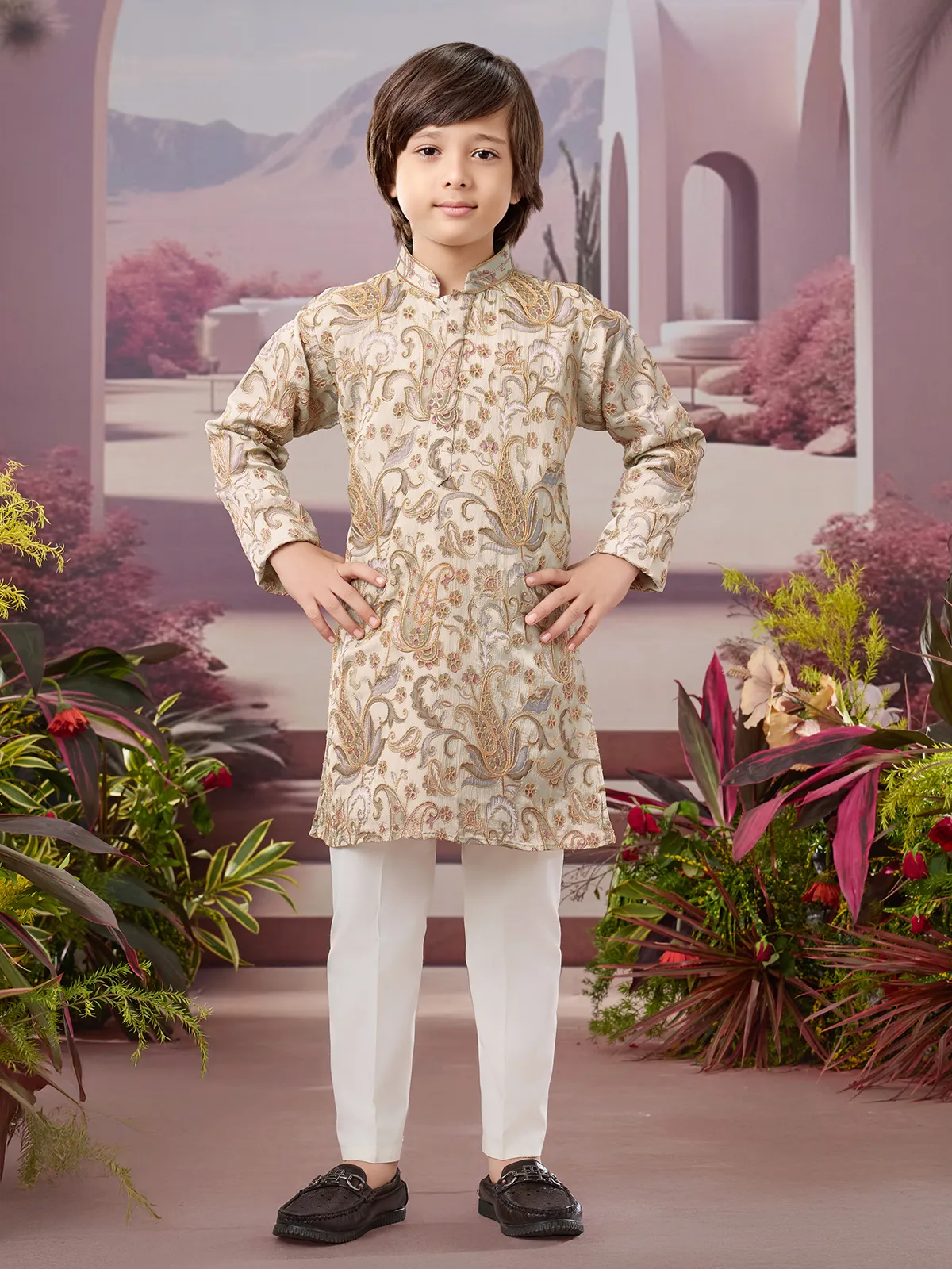 Beige silk kurta set with classic motifs