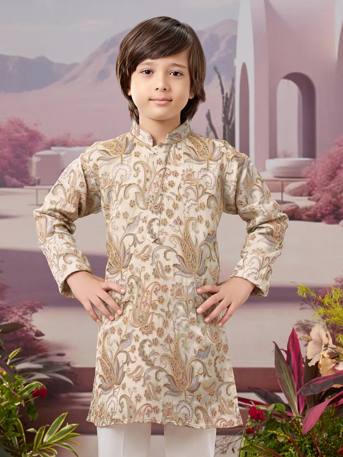 Beige silk kurta set with classic motifs