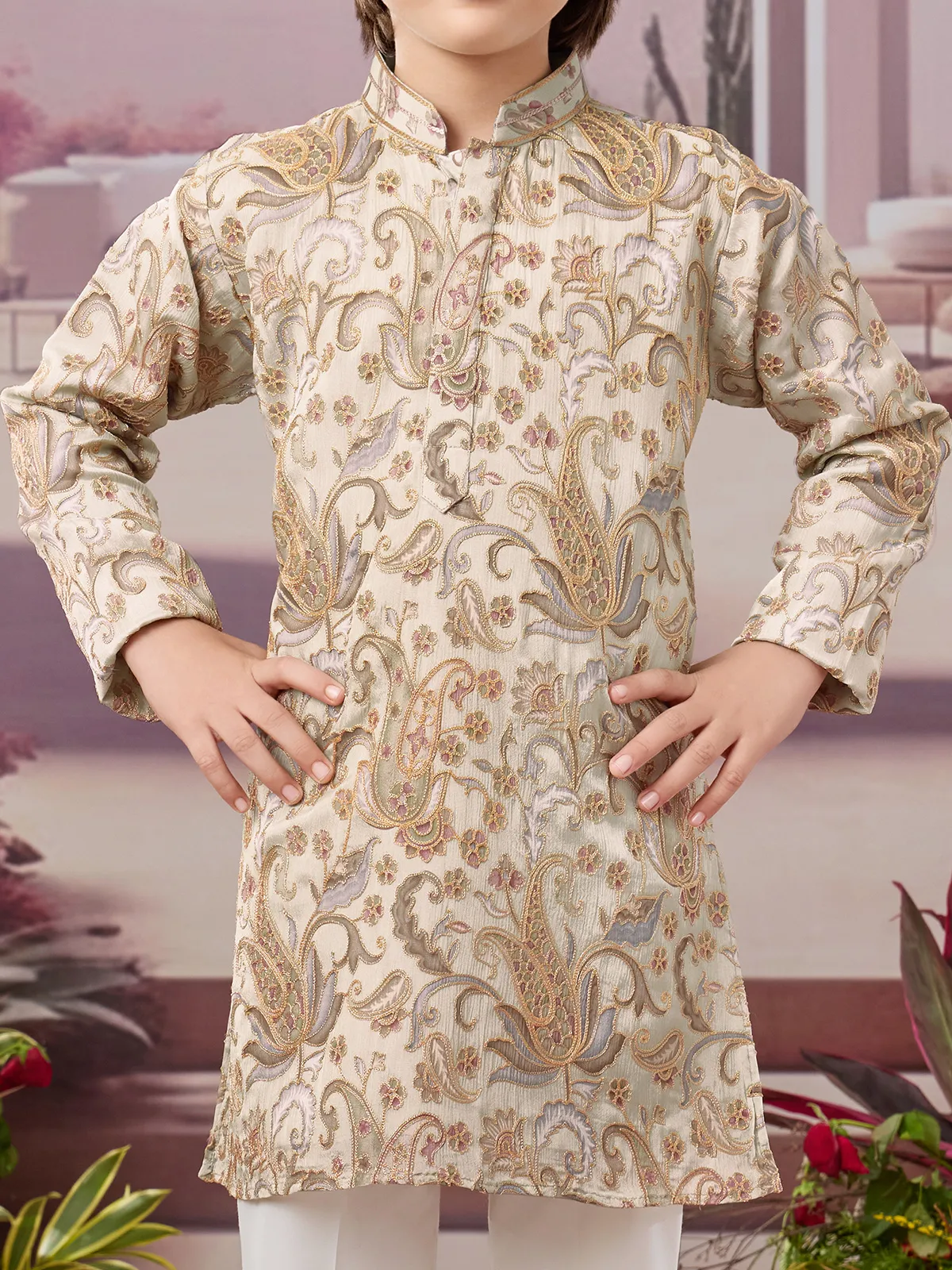 Beige silk kurta set with classic motifs