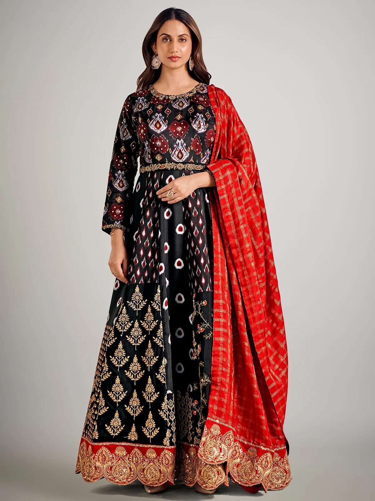 fitted lace wedding dress Black Printed Cotton Anarkali Set | Red Chiffon Dupatta main image 1