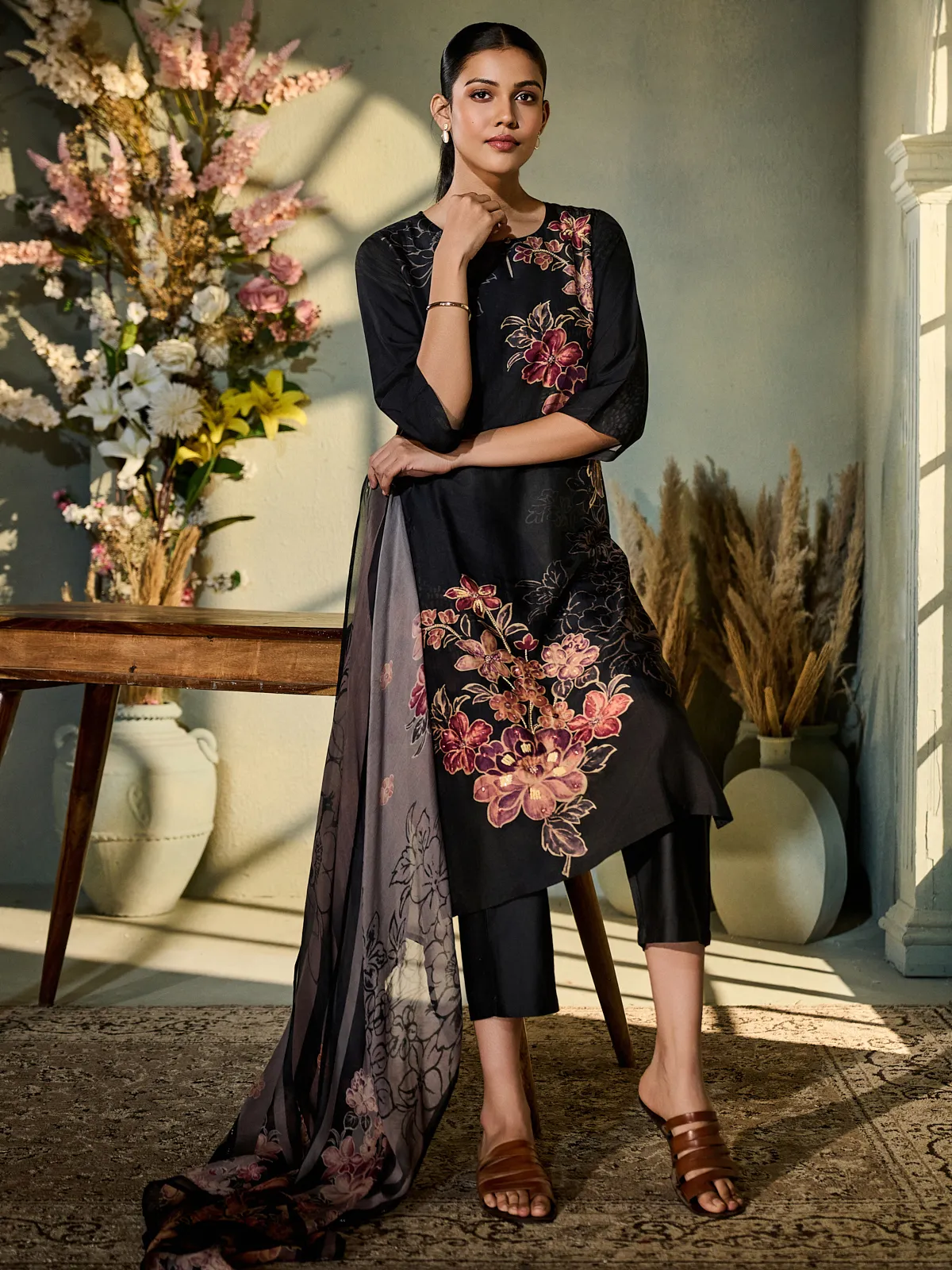 Black silk printed festive wear kurti set with dupatta
