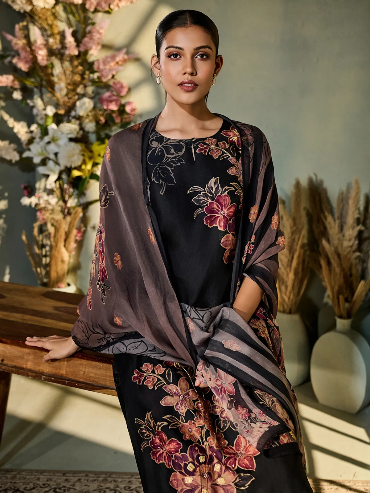 Black silk printed festive wear kurti set with dupatta