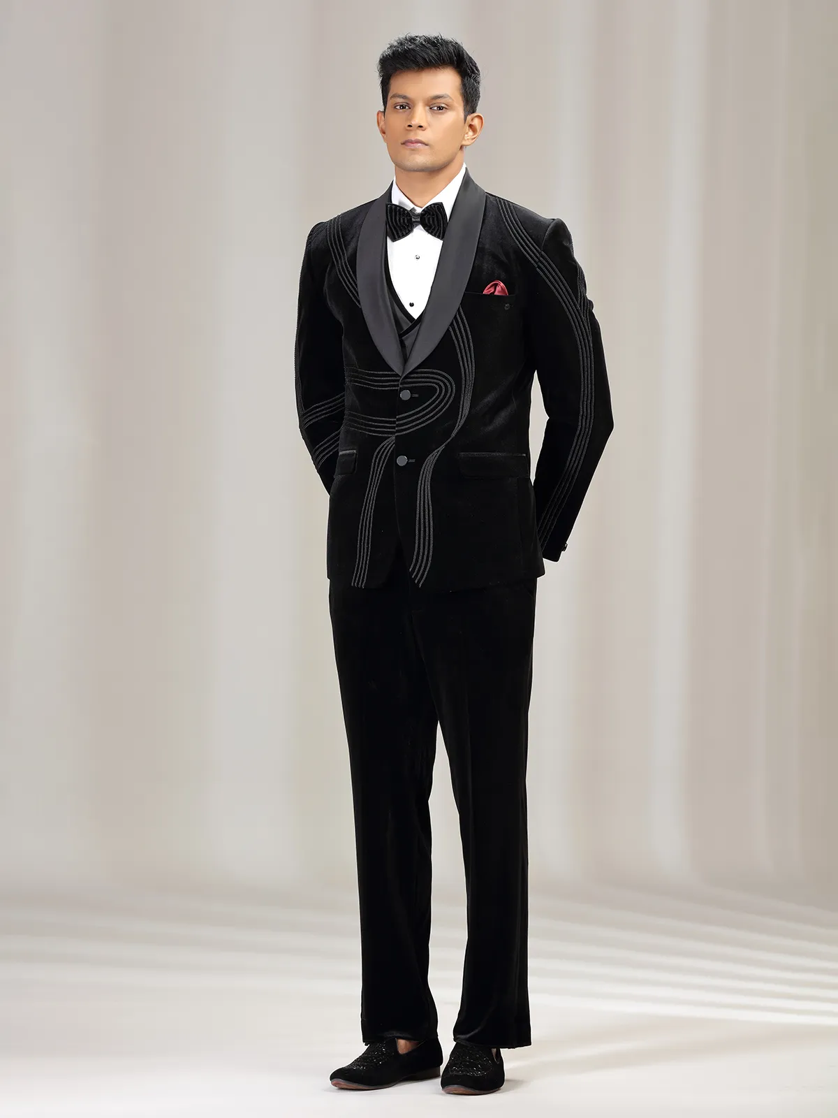 Black velvet coat suit with reception wear