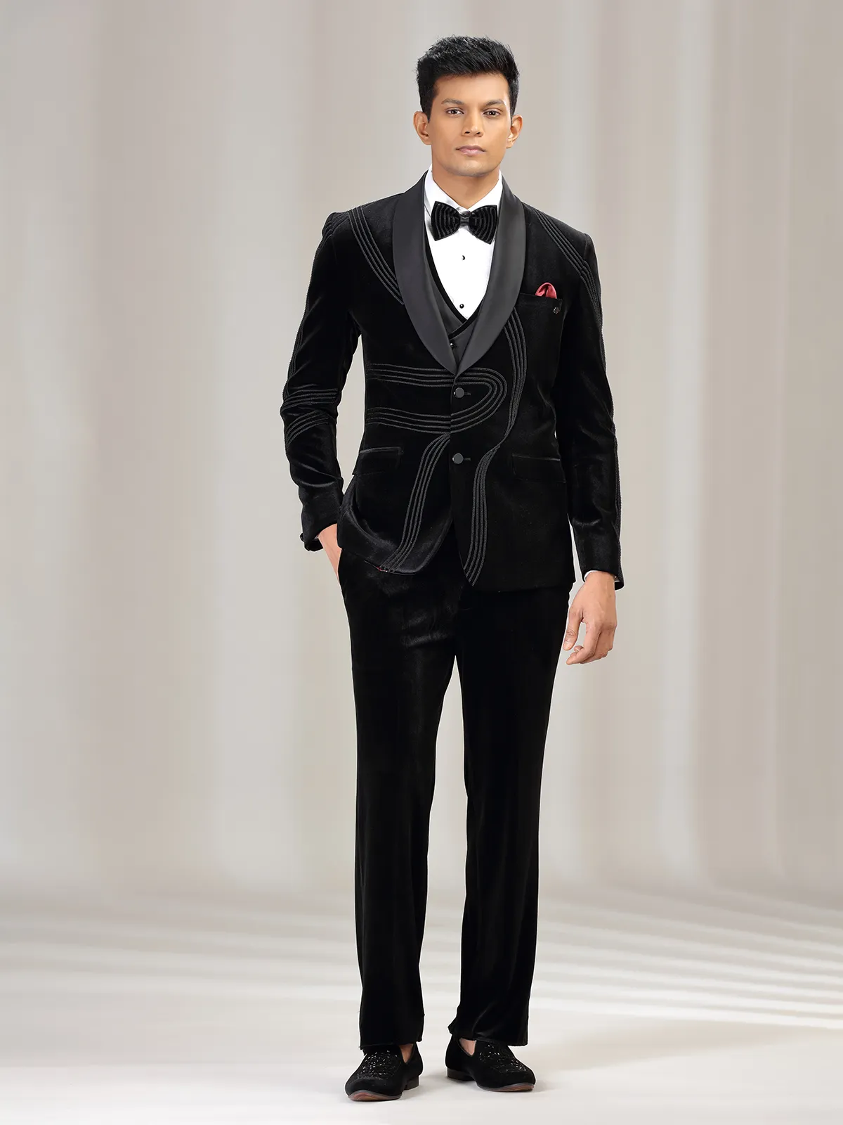 Black velvet coat suit with reception wear