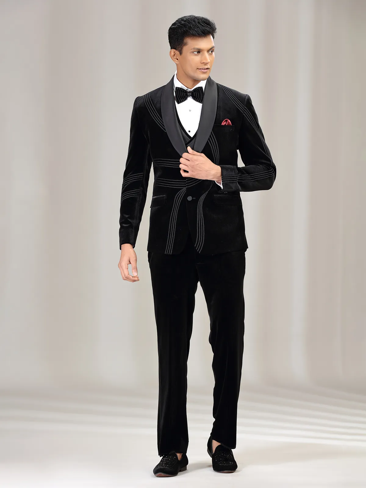 Black velvet coat suit with reception wear