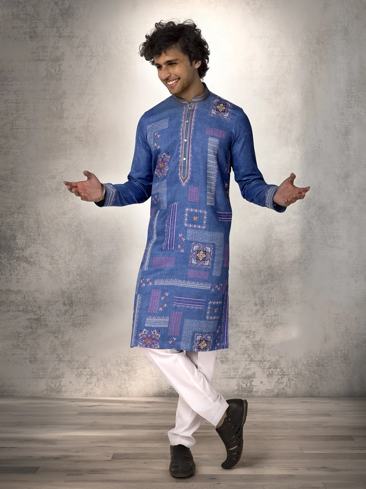Blue linen cotton resham and sequins kurta suit