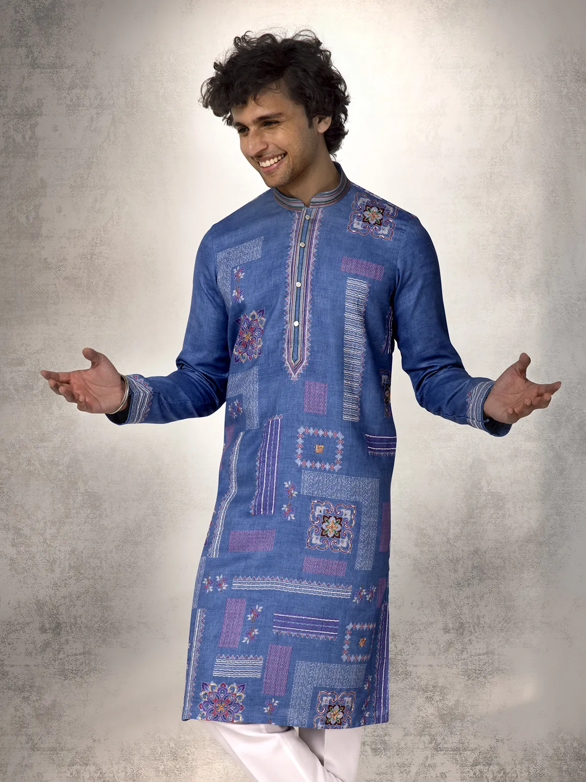 Blue linen cotton resham and sequins kurta suit