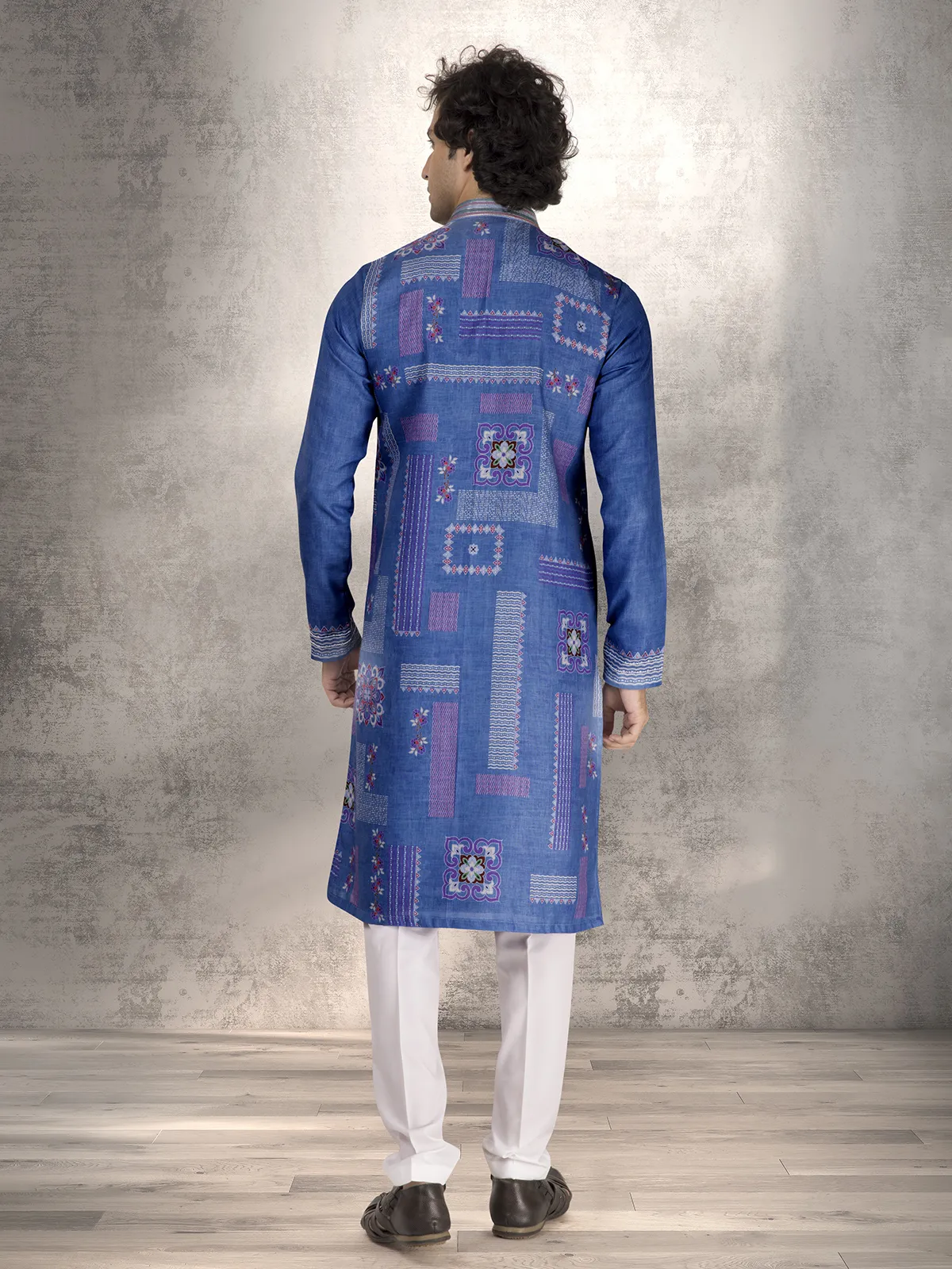 Blue linen cotton resham and sequins kurta suit