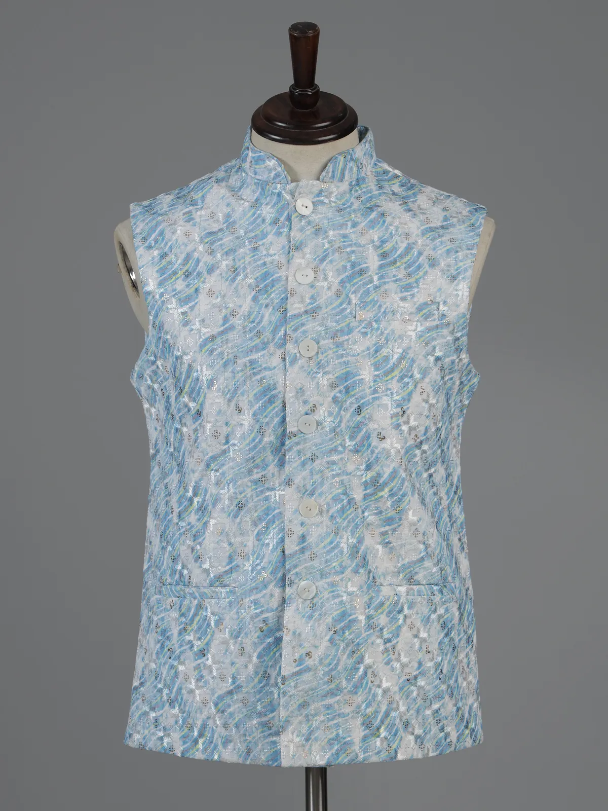 Blue printed cotton silk waistcoat for men