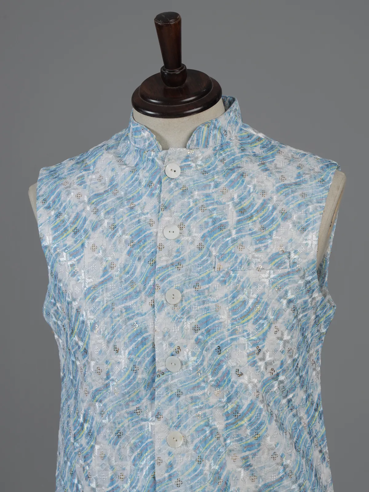Blue printed cotton silk waistcoat for men