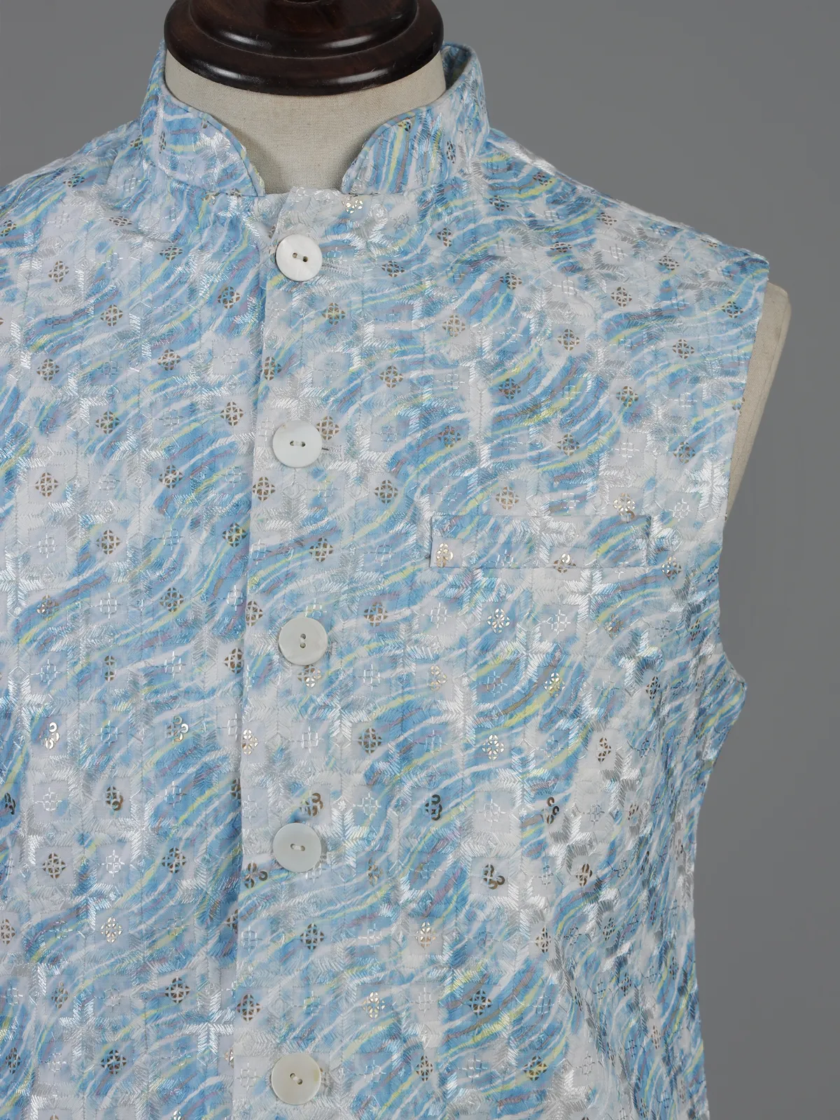 Blue printed cotton silk waistcoat for men