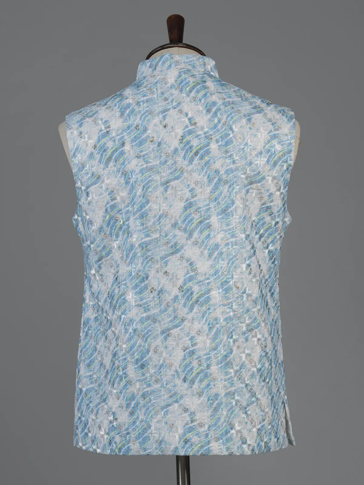 Blue printed cotton silk waistcoat for men