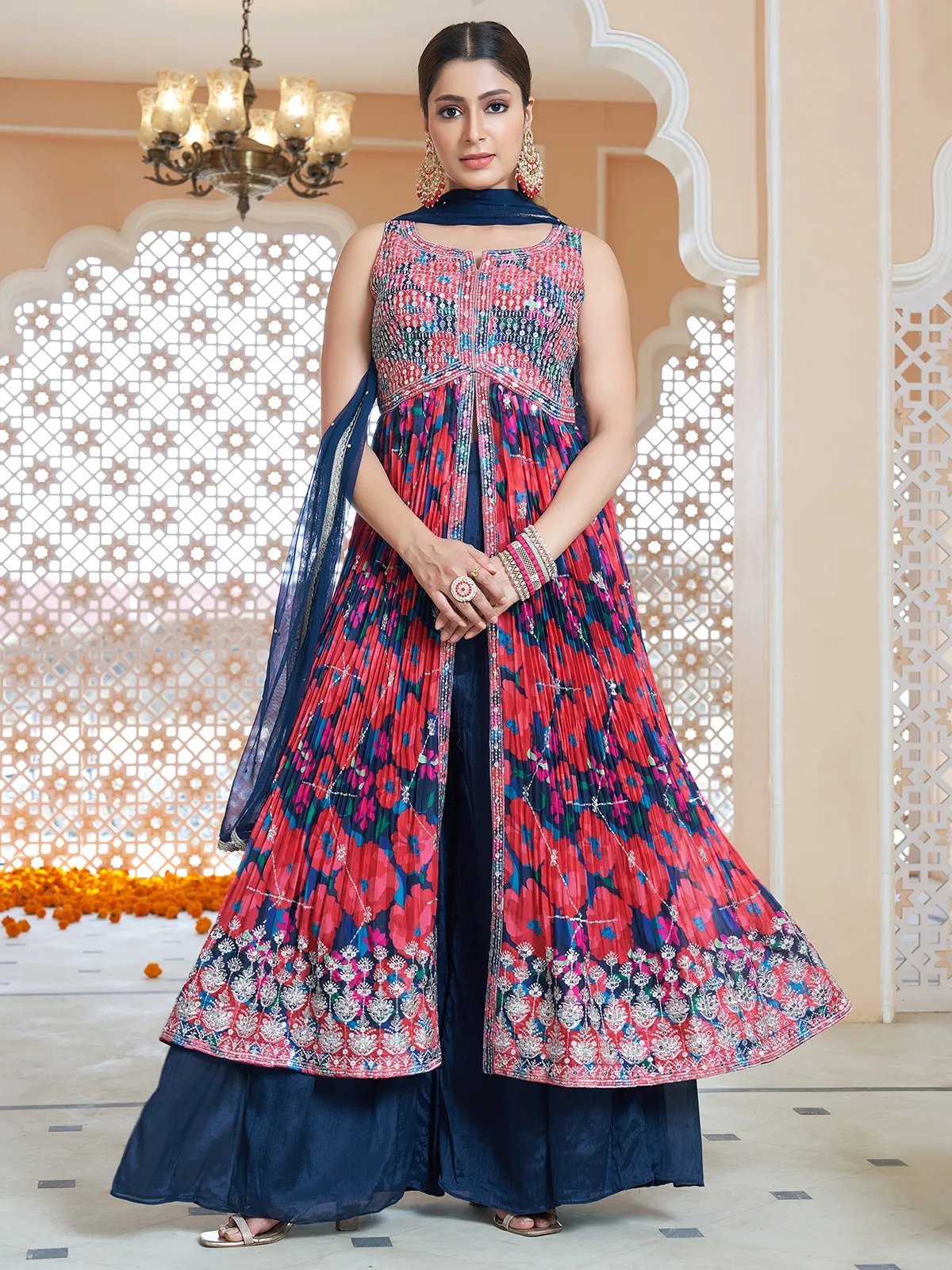 Blue silk palazzo suit for wedding wear