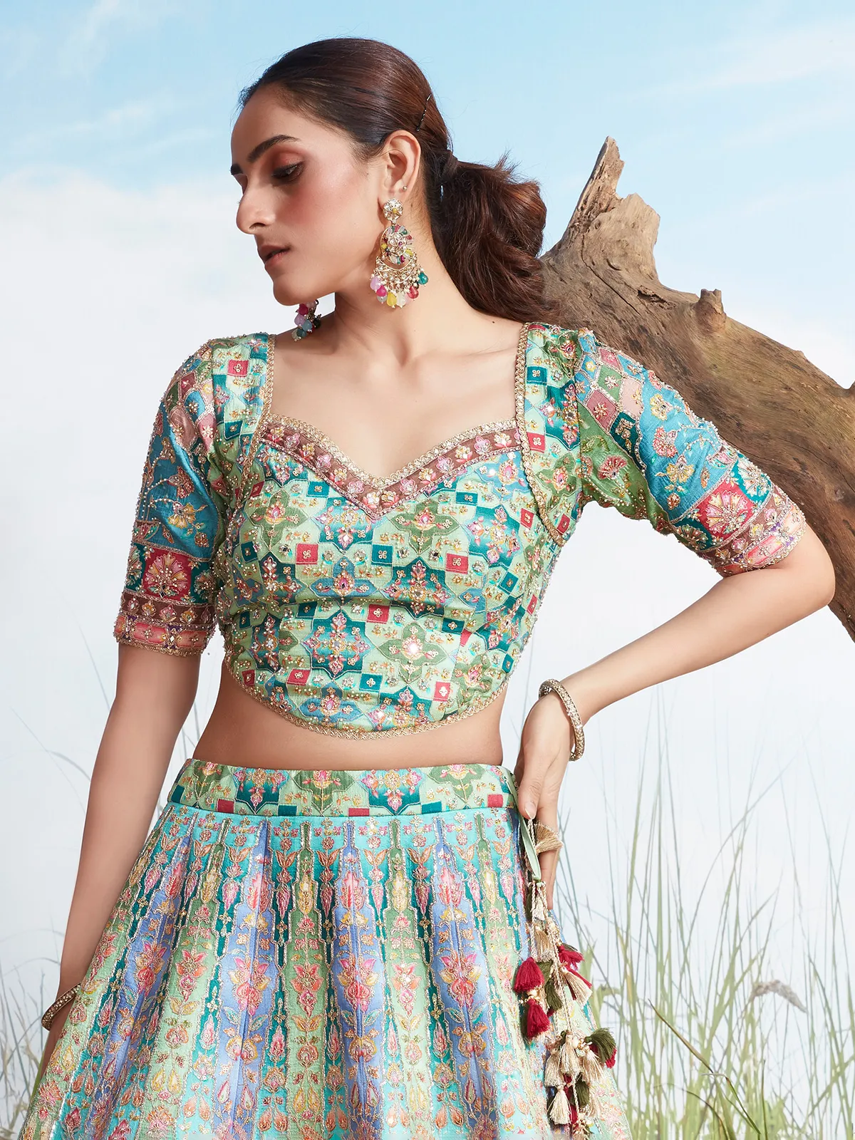 Blue silk wedding wear printed lehenga choli for women