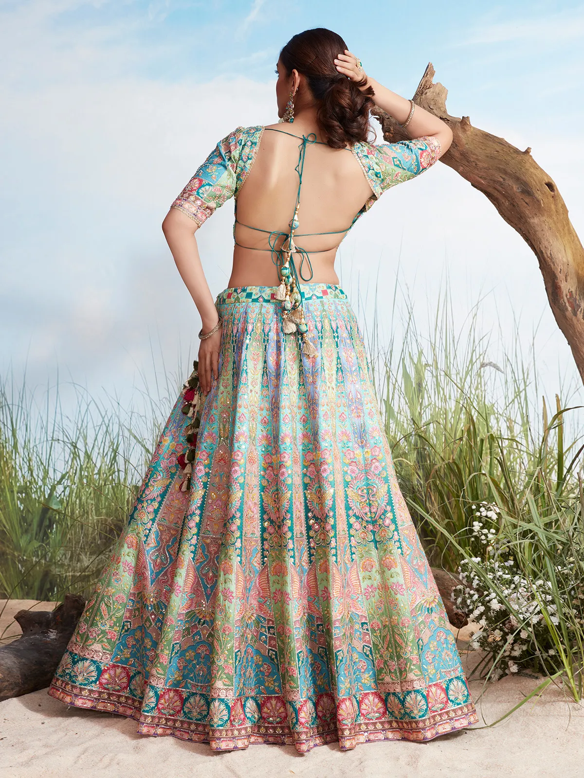 Blue silk wedding wear printed lehenga choli for women