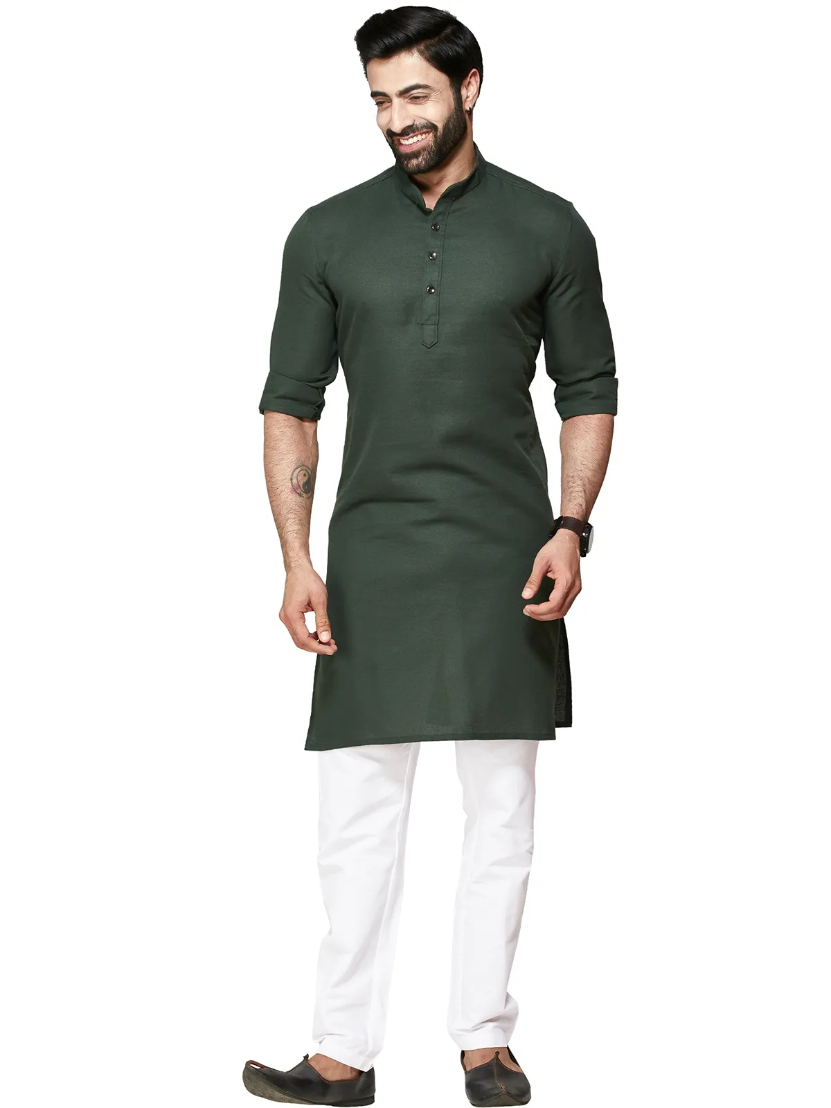 Charming dark green plain cotton  Men Kurta pajama