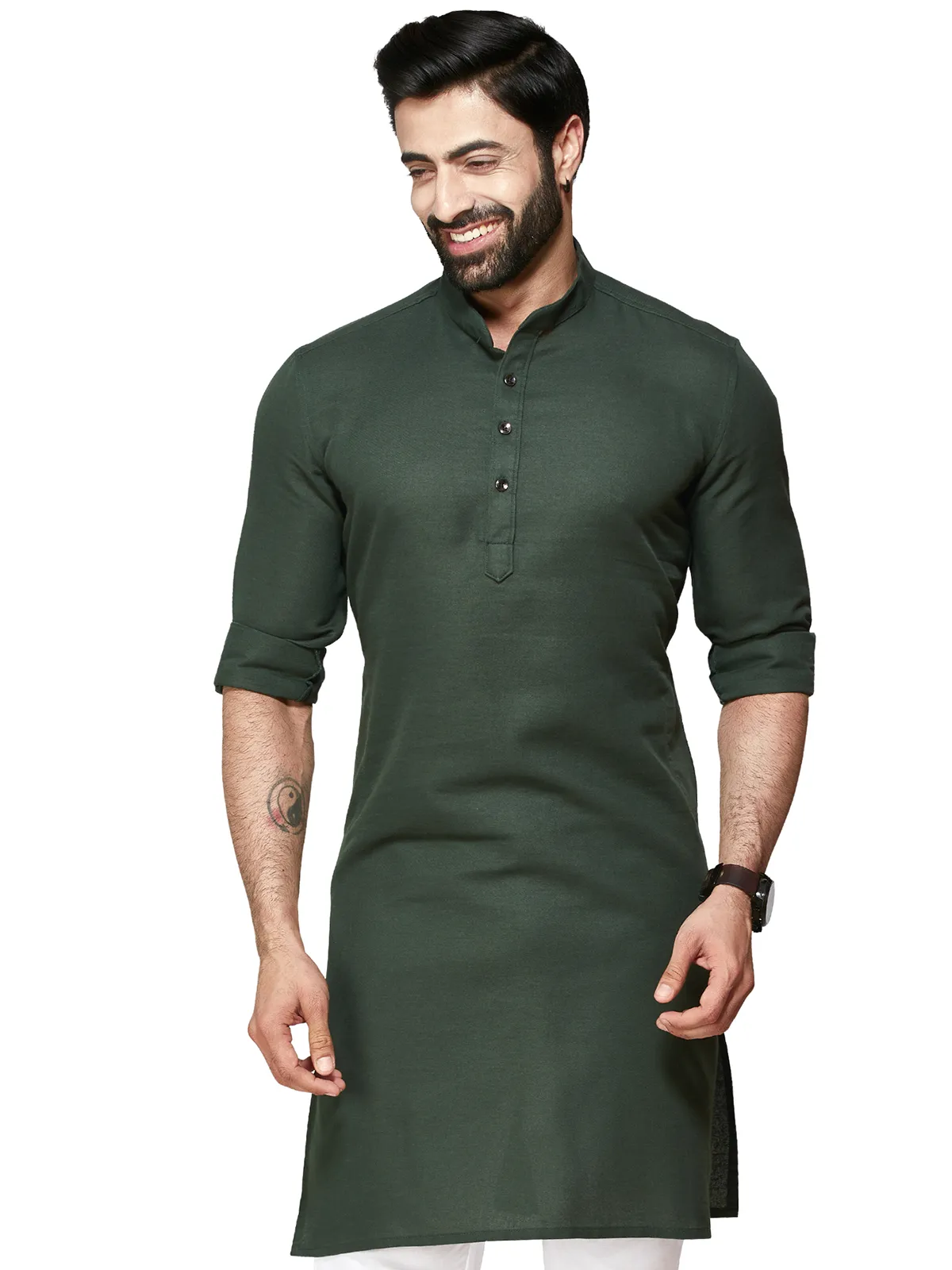 Charming dark green plain cotton  Men Kurta pajama