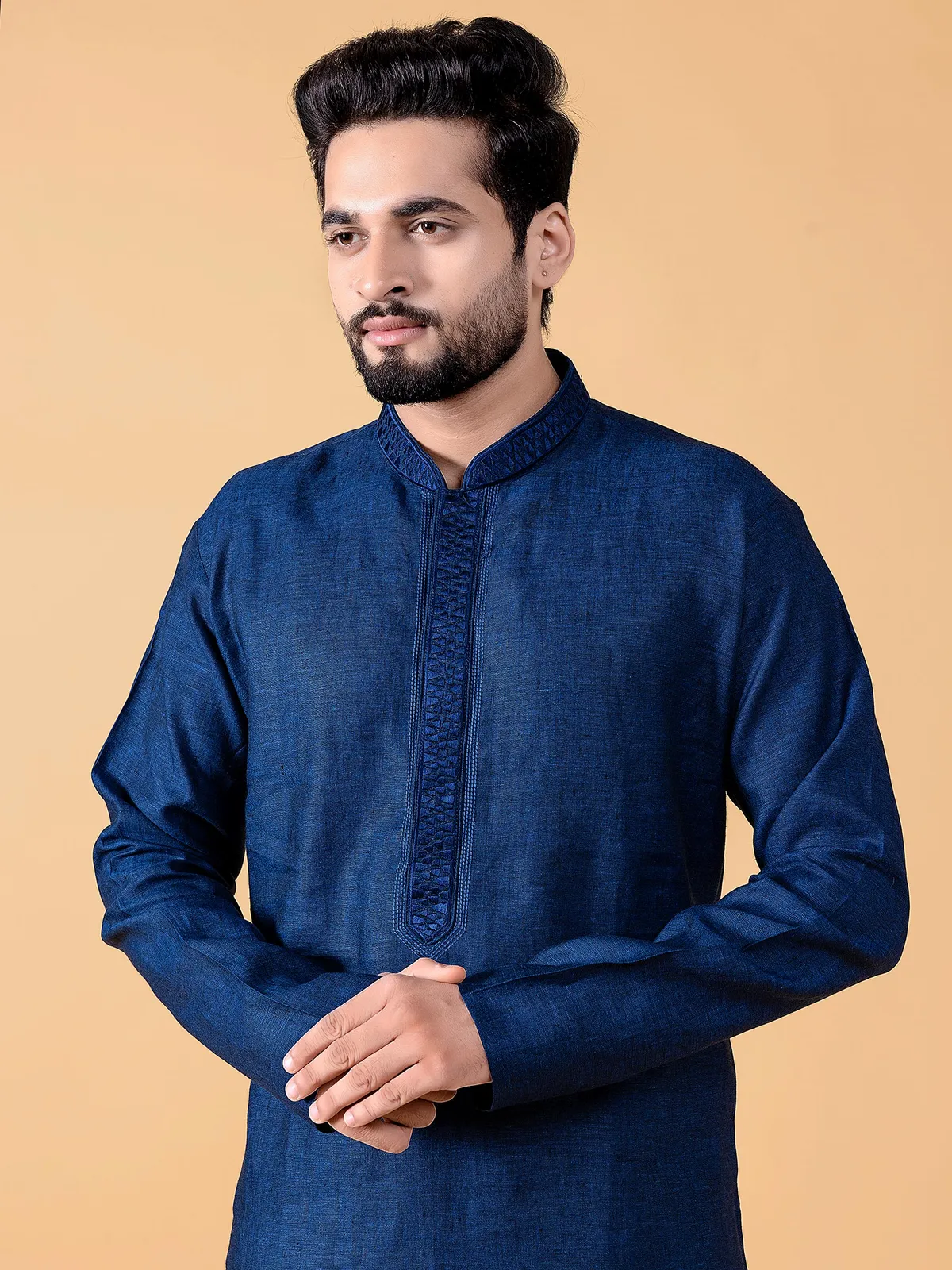 Classy plain dark blue linen  Men Kurta pajama