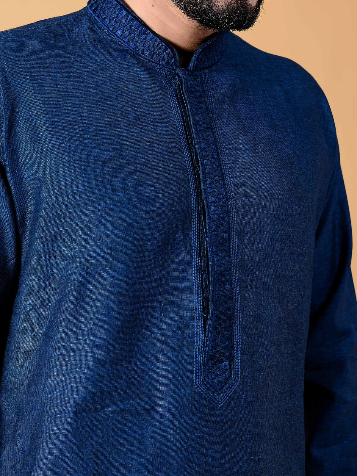 Classy plain dark blue linen  Men Kurta pajama