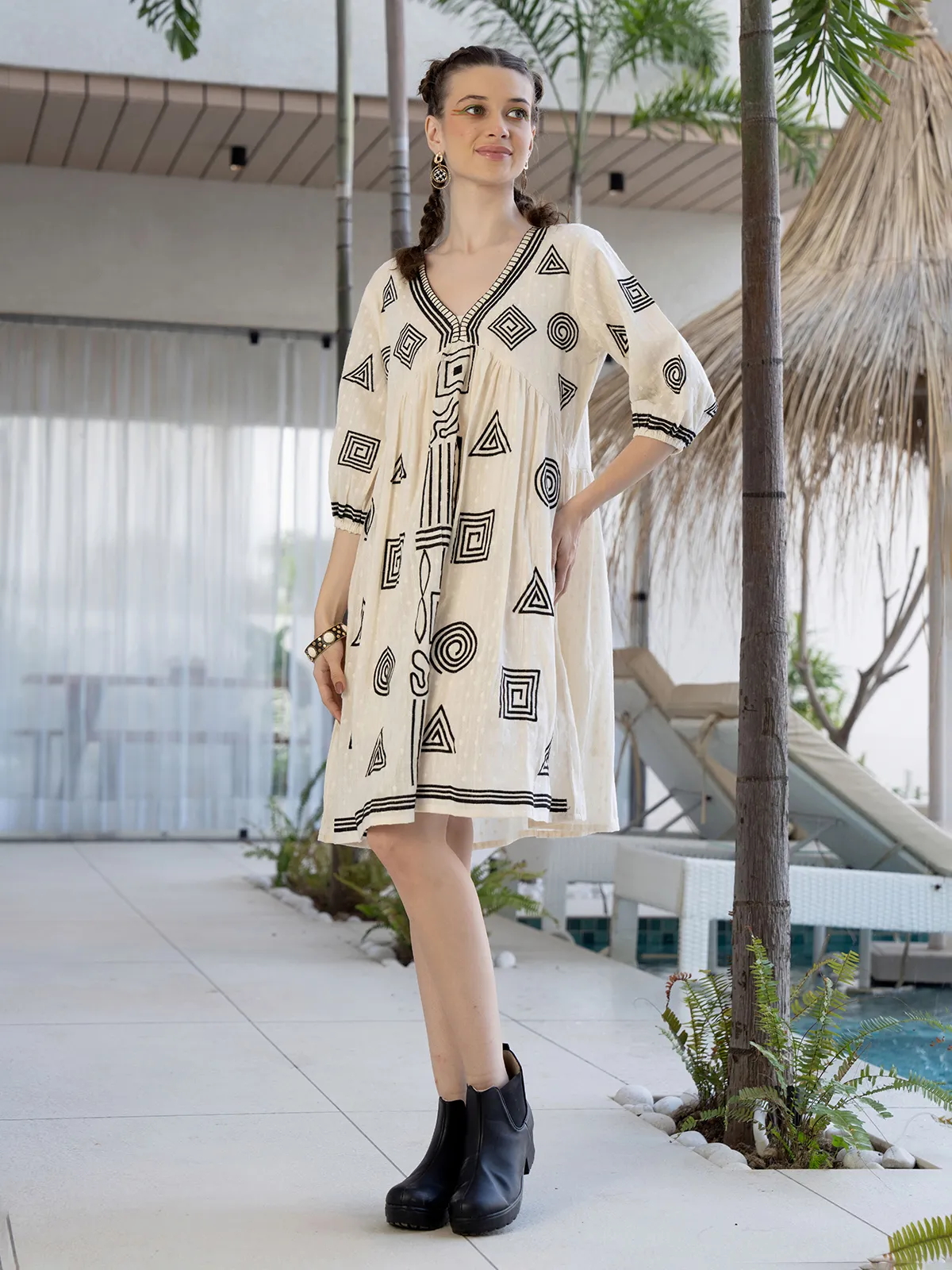 Cream cotton printed kurti with V neck