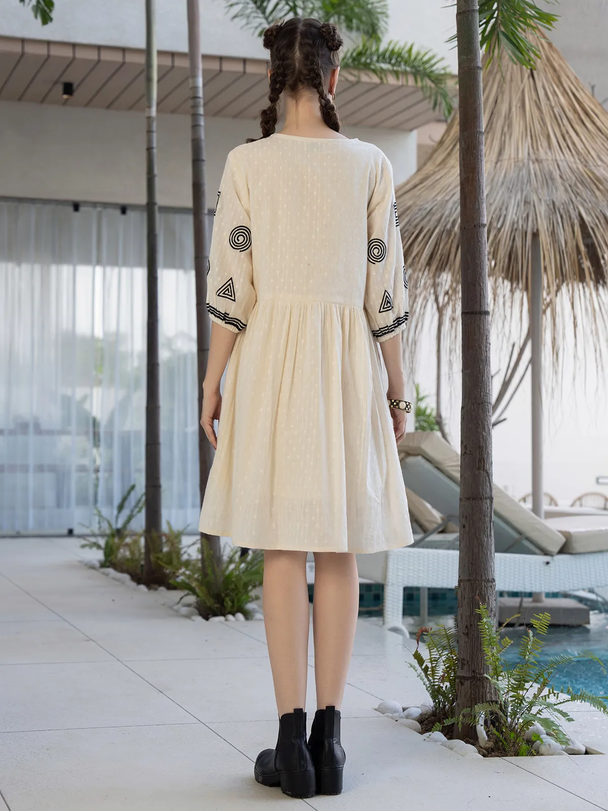 Cream cotton printed kurti with V neck