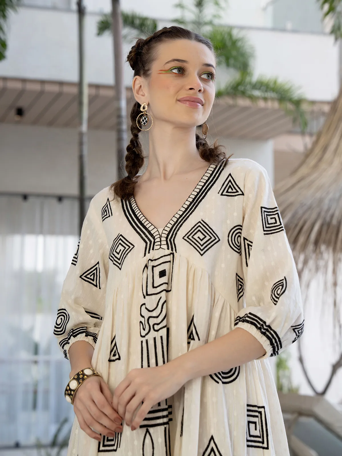 Cream cotton printed kurti with V neck