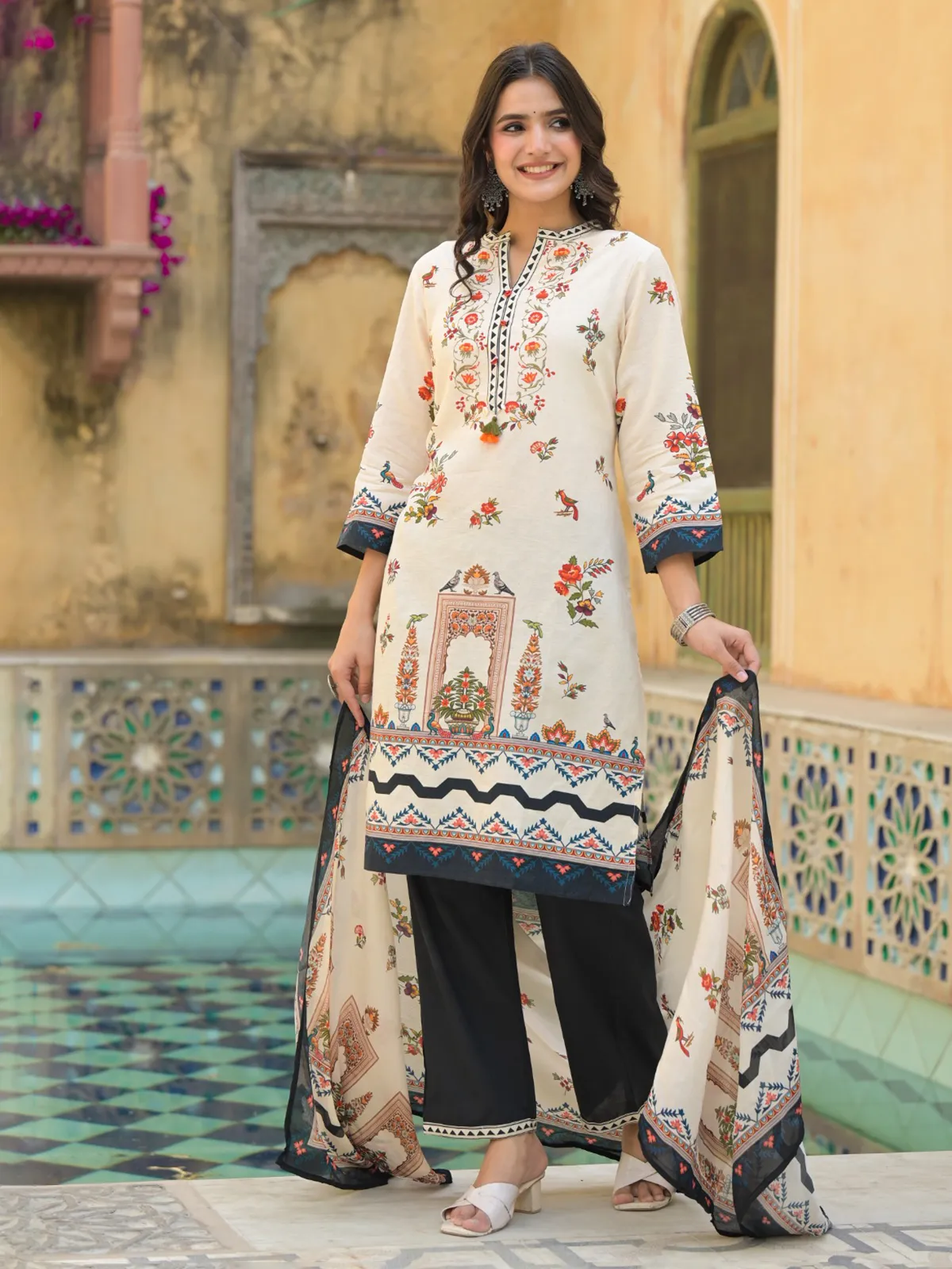 Cream peach silk printed kurti set